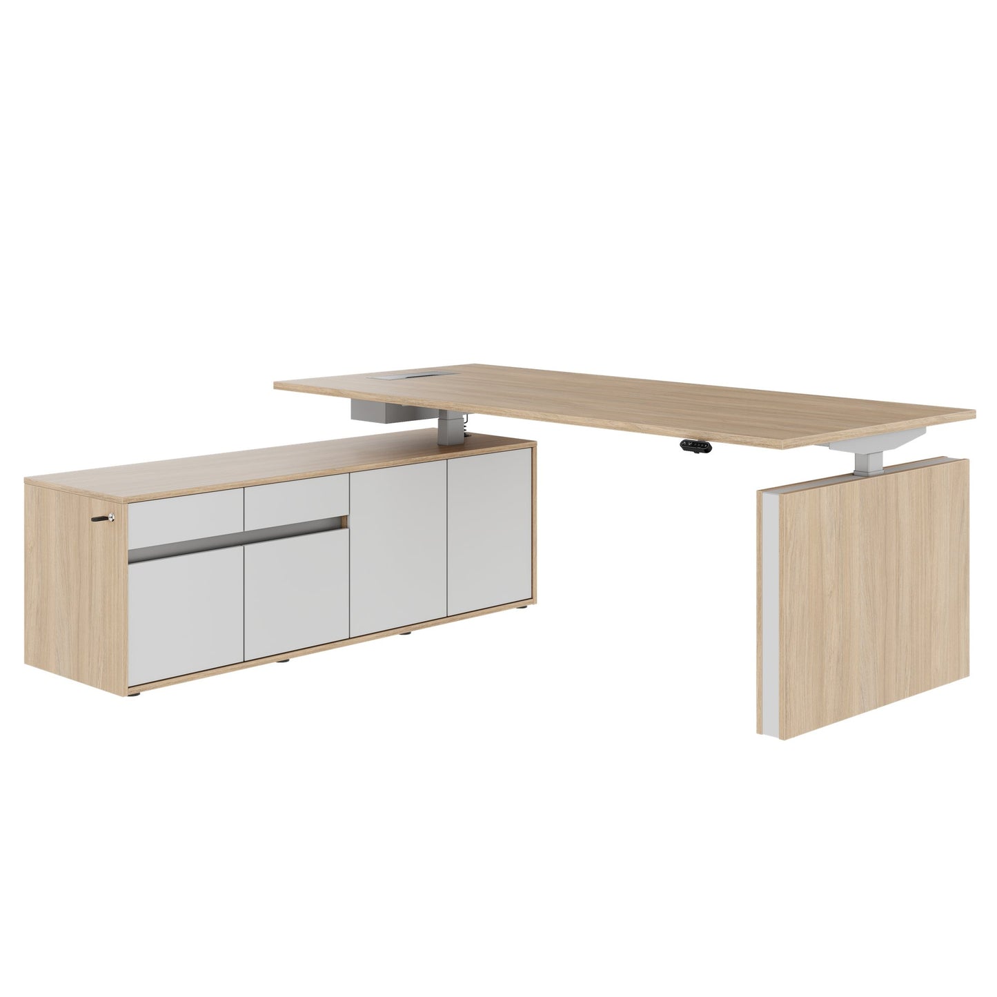 MOTION 2 motor desk with sideboard | Electrically height adjustable, 2000 x 1800 mm, amber oak
