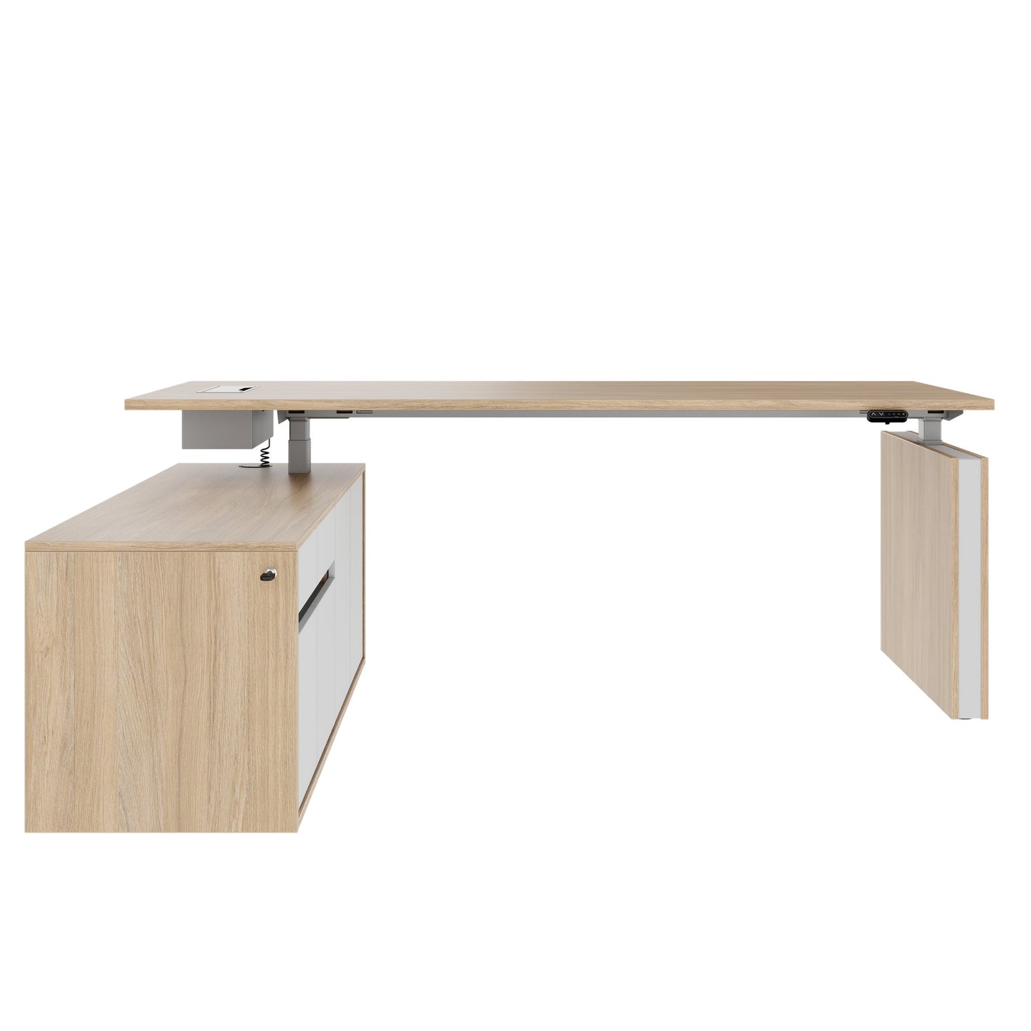 MOTION 2 motor desk with sideboard | Electrically height adjustable, 2000 x 1800 mm, amber oak