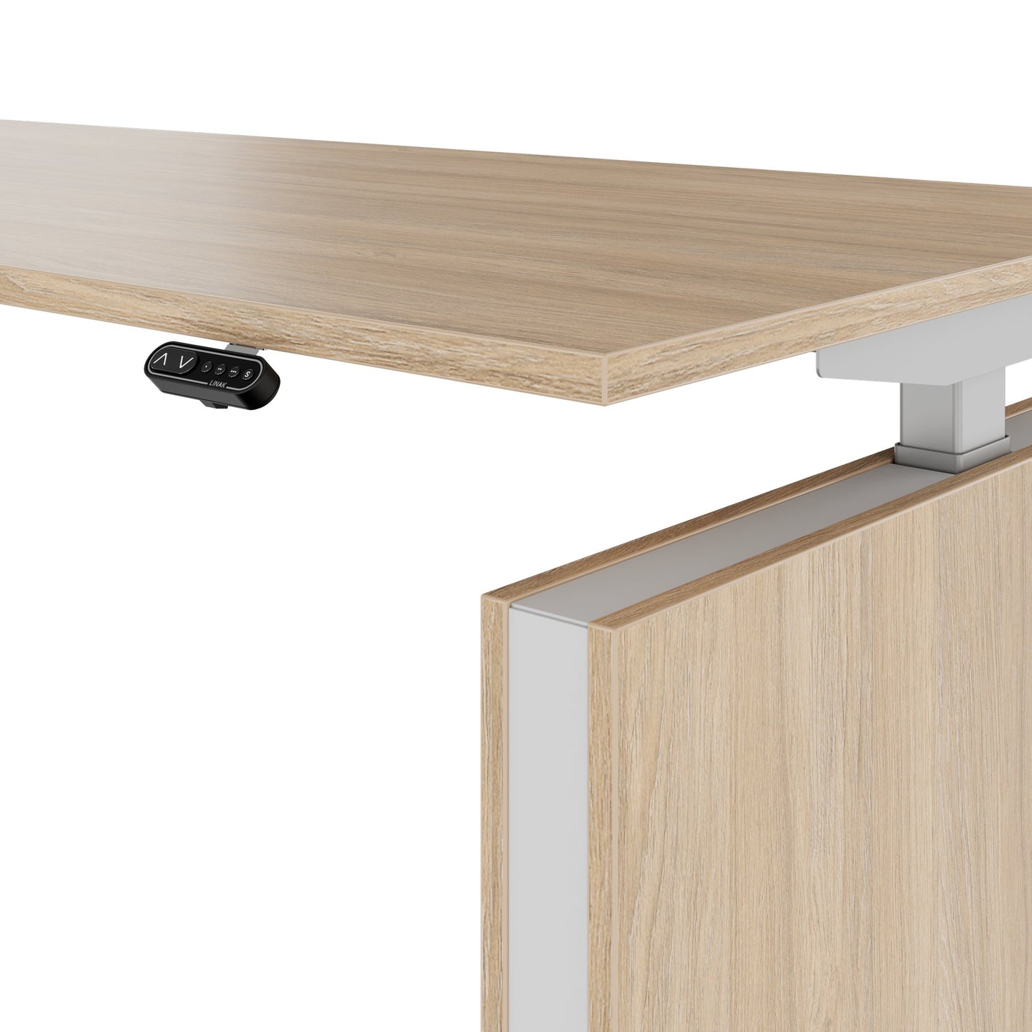 MOTION 2-Motoren-Schreibtisch mit Sideboard | Elektrisch höhenverstellbar, 2000 x 1800 mm, Bernsteineiche