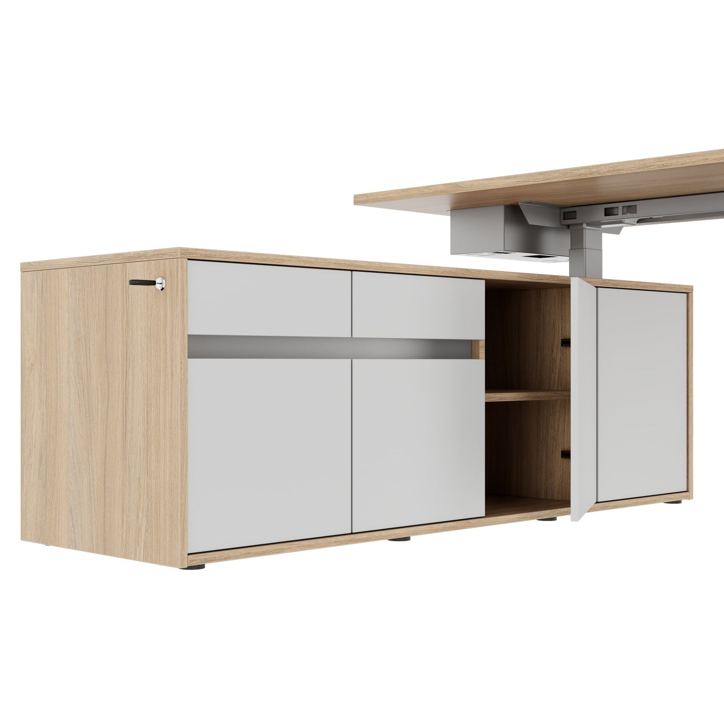 MOTION 2 motor desk with sideboard | Electrically height adjustable, 2000 x 1800 mm, amber oak
