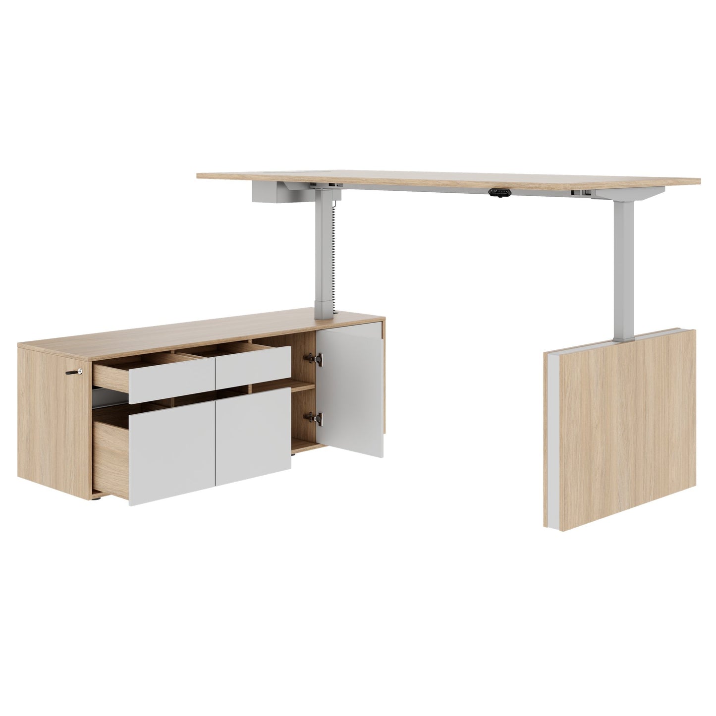 MOTION 2 motor desk with sideboard | Electrically height adjustable, 2000 x 1800 mm, amber oak