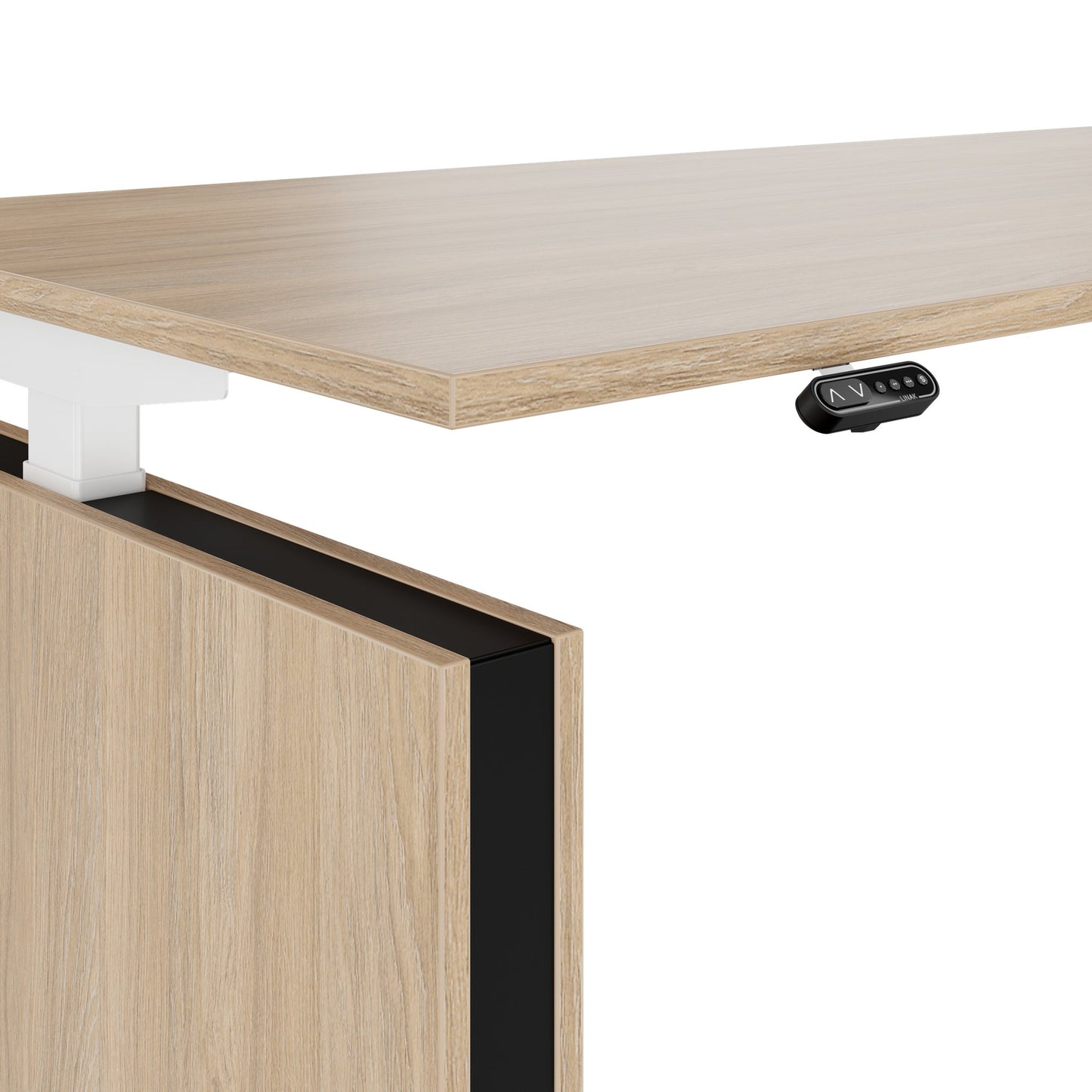 MOTION 2 motor desk with sideboard | Electrically height adjustable, 2000 x 1800 mm, amber oak