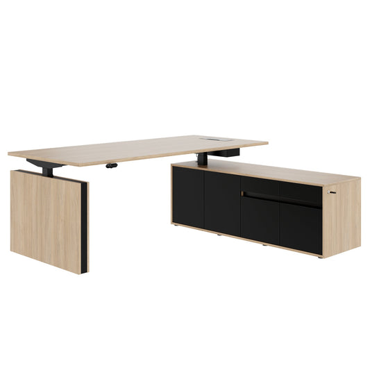 MOTION 2 motor desk with sideboard | Electrically height adjustable, 2000 x 1800 mm, amber oak