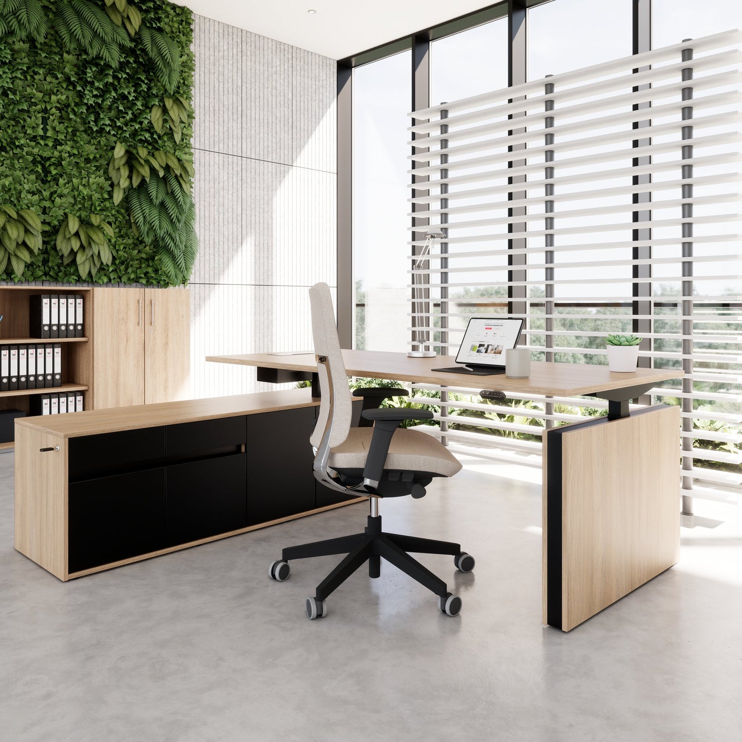 MOTION 2-Motoren-Schreibtisch mit Sideboard | Elektrisch höhenverstellbar, 2000 x 1800 mm, Bernsteineiche