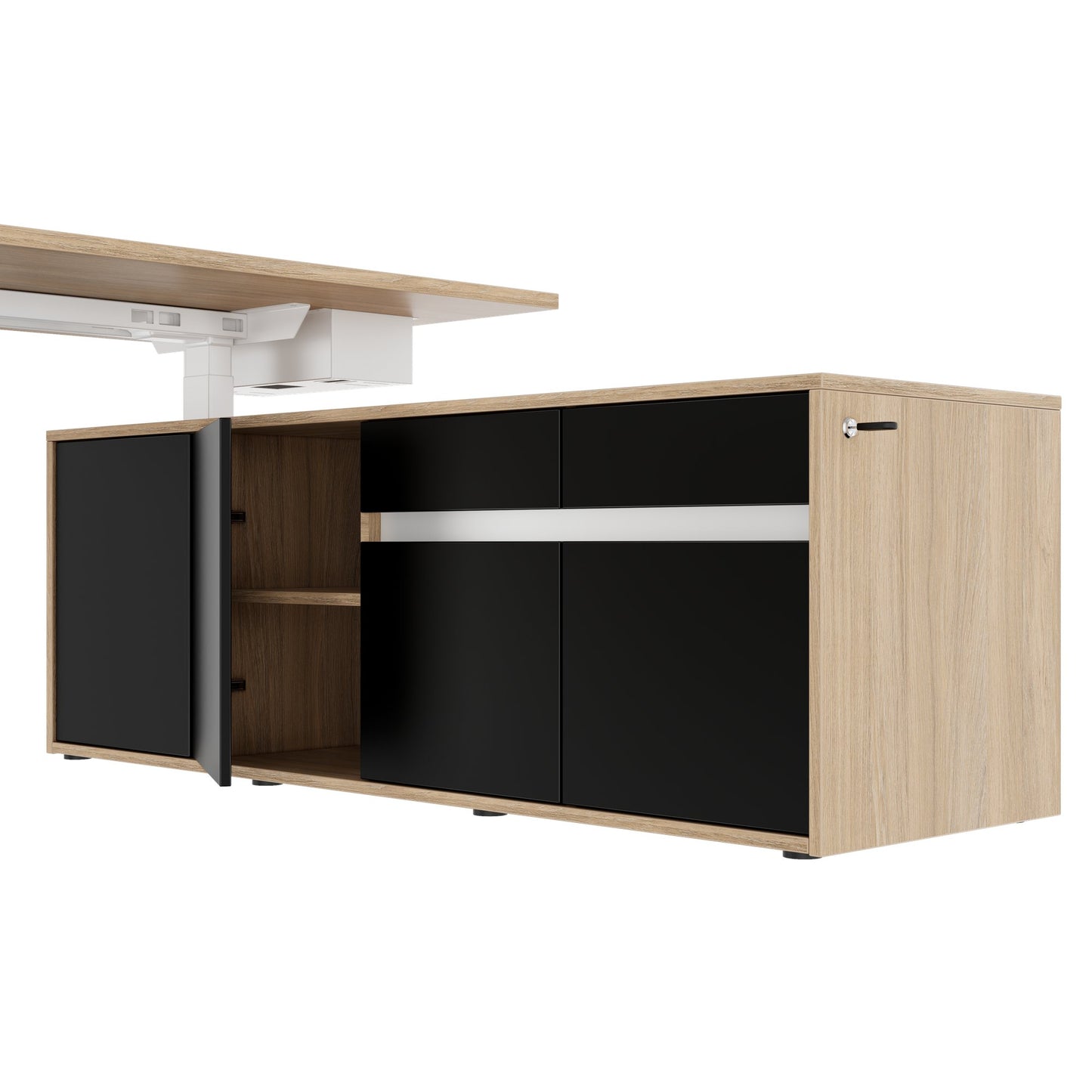 MOTION 2 motor desk with sideboard | Electrically height adjustable, 2000 x 1800 mm, amber oak