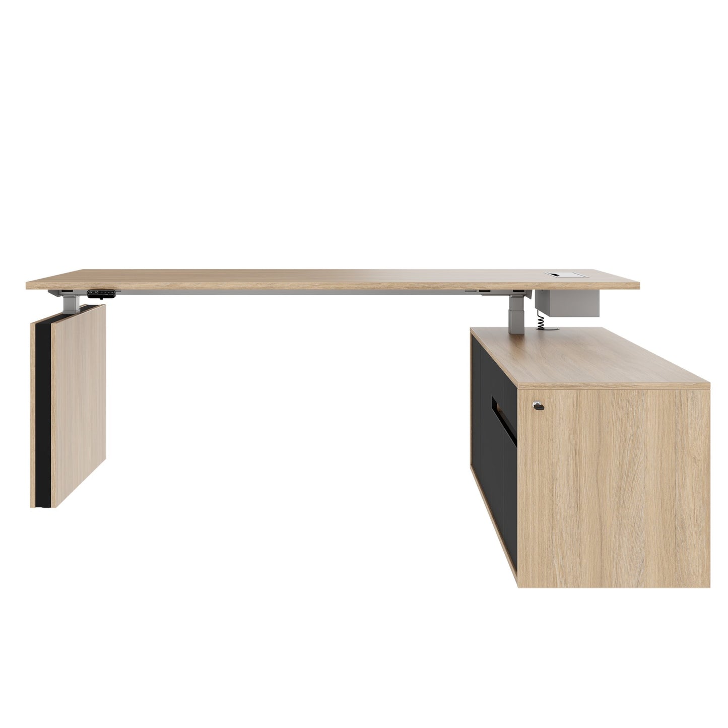 MOTION 2 motor desk with sideboard | Electrically height adjustable, 2000 x 1800 mm, amber oak