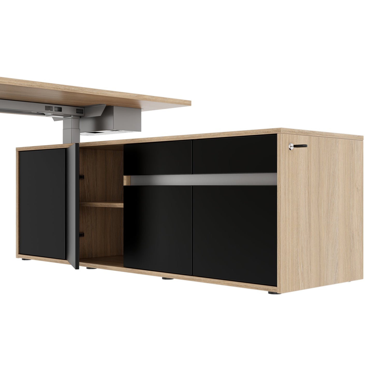 MOTION 2 motor desk with sideboard | Electrically height adjustable, 2000 x 1800 mm, amber oak