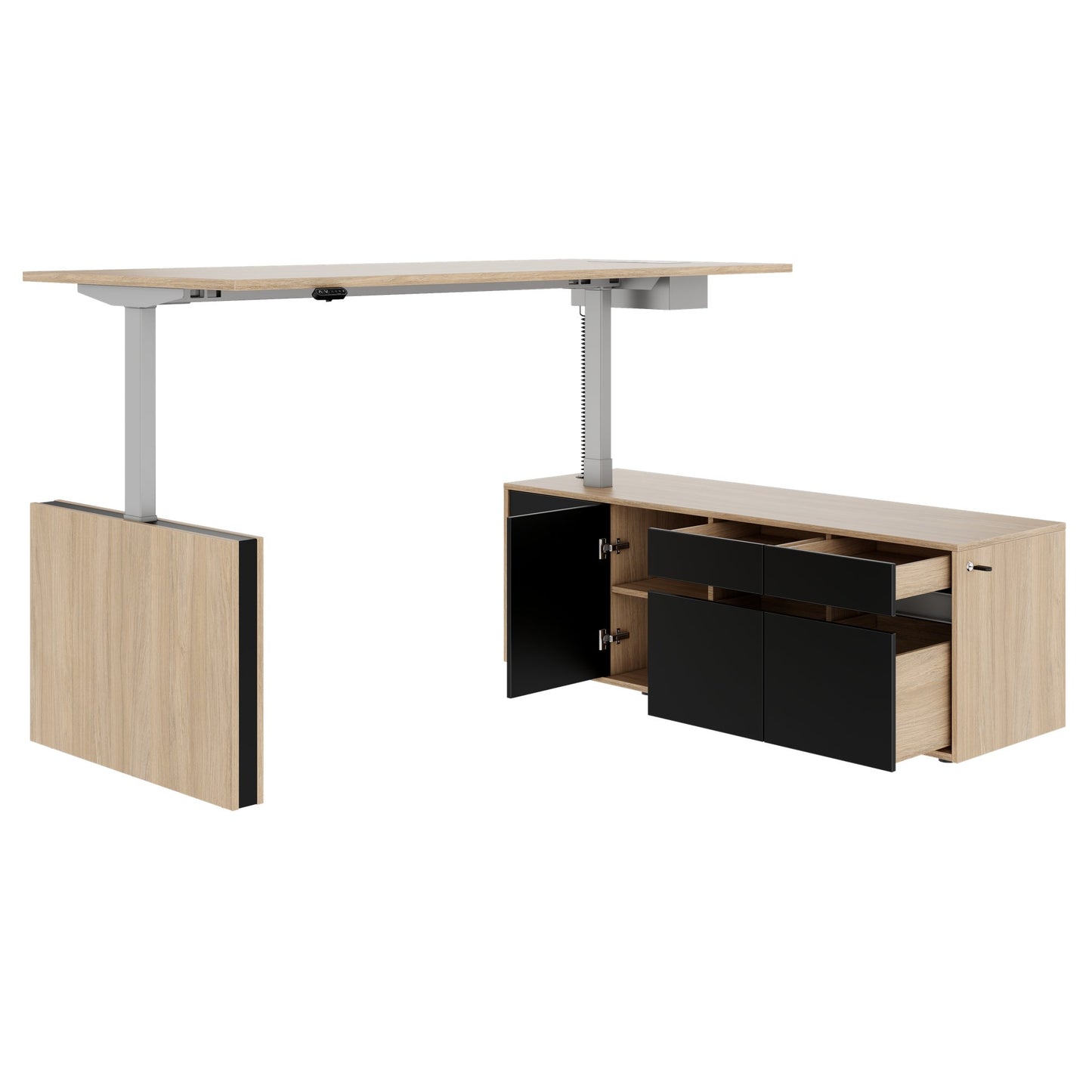 MOTION 2 motor desk with sideboard | Electrically height adjustable, 2000 x 1800 mm, amber oak