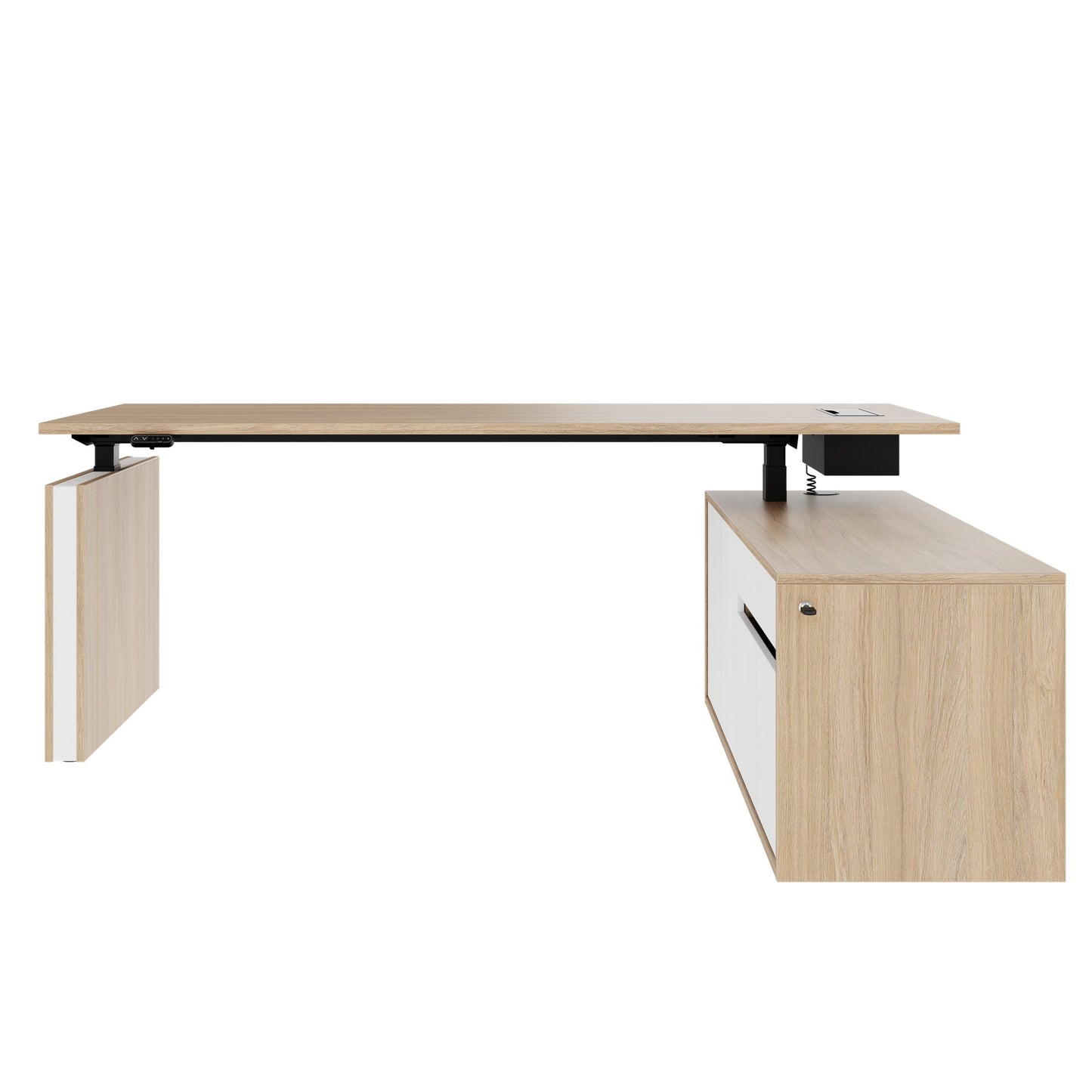 MOTION 2 motor desk with sideboard | Electrically height adjustable, 2000 x 1800 mm, amber oak