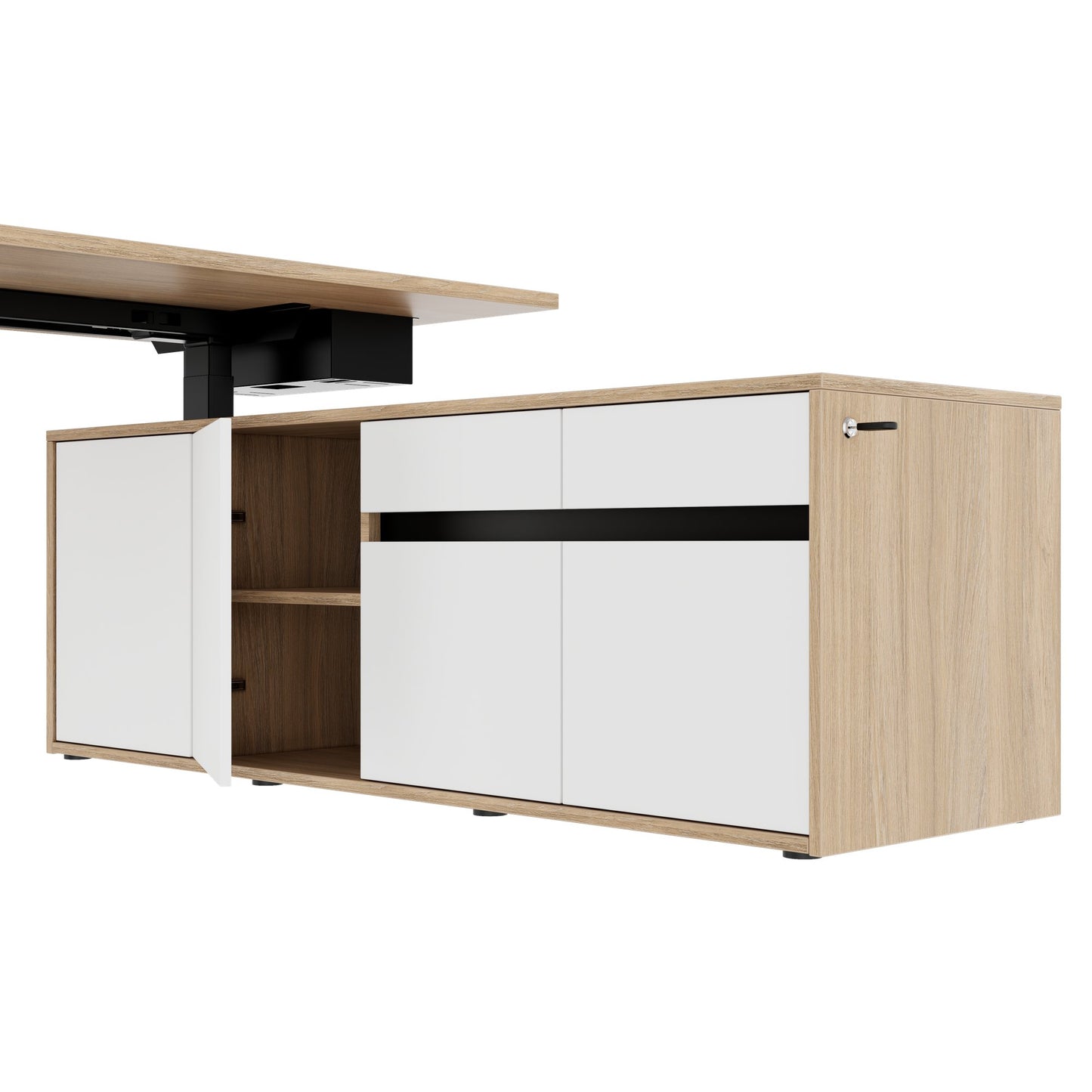 MOTION 2 motor desk with sideboard | Electrically height adjustable, 2000 x 1800 mm, amber oak