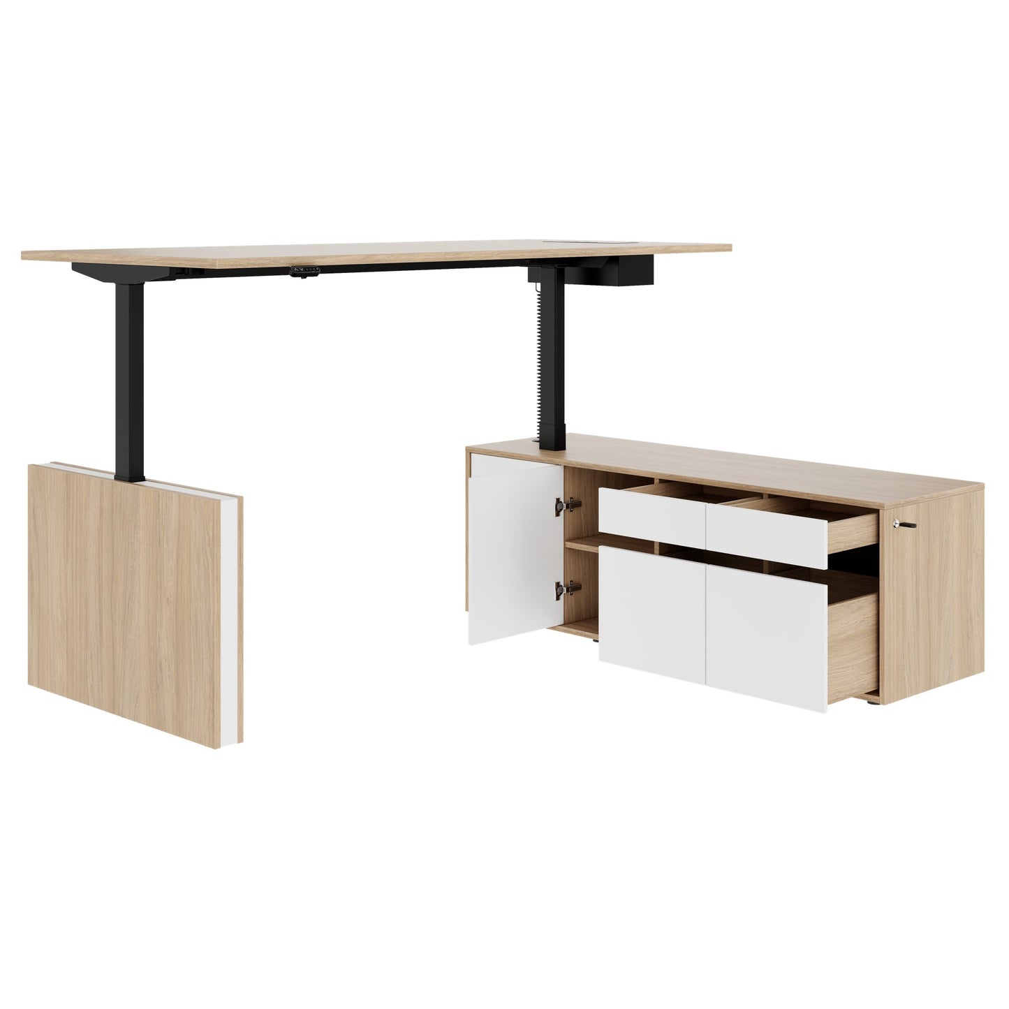 MOTION 2 motor desk with sideboard | Electrically height adjustable, 2000 x 1800 mm, amber oak