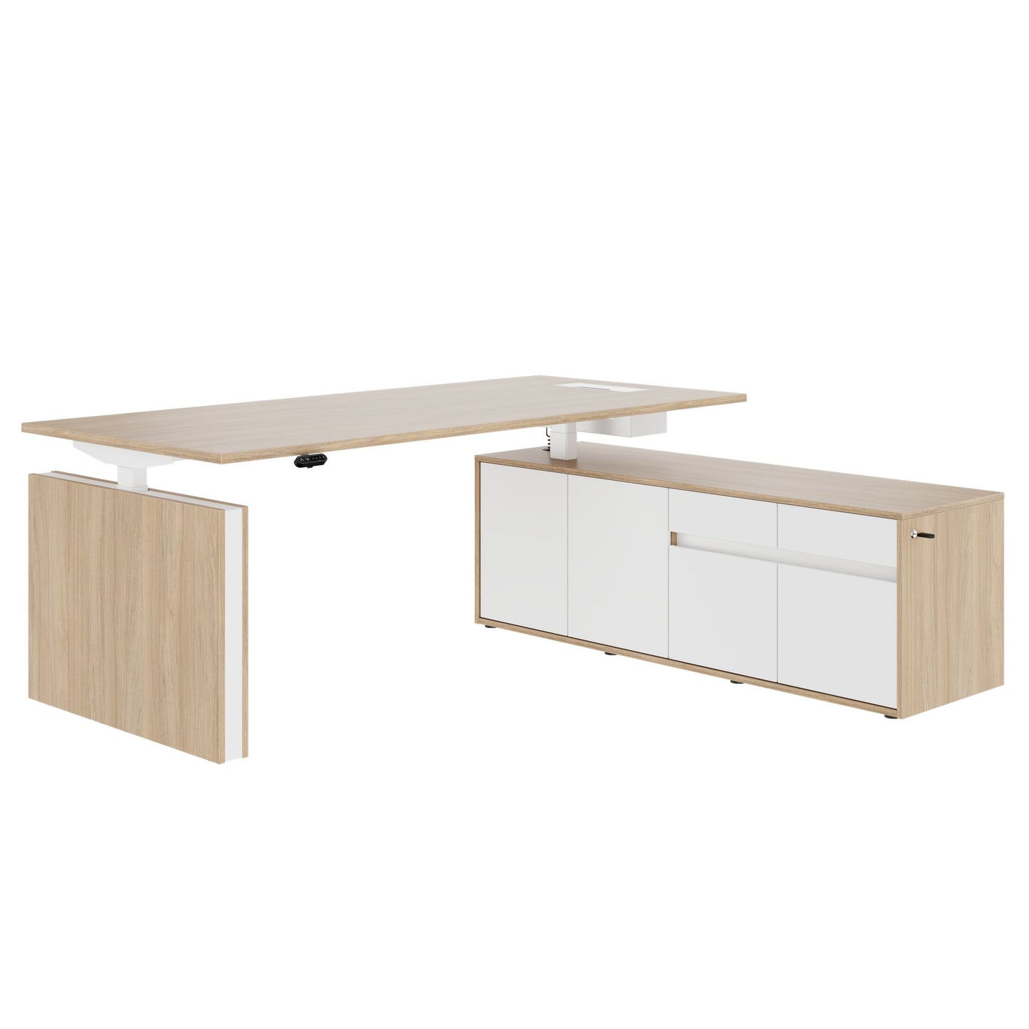 MOTION 2-Motoren-Schreibtisch mit Sideboard | Elektrisch höhenverstellbar, 2000 x 1800 mm, Bernsteineiche