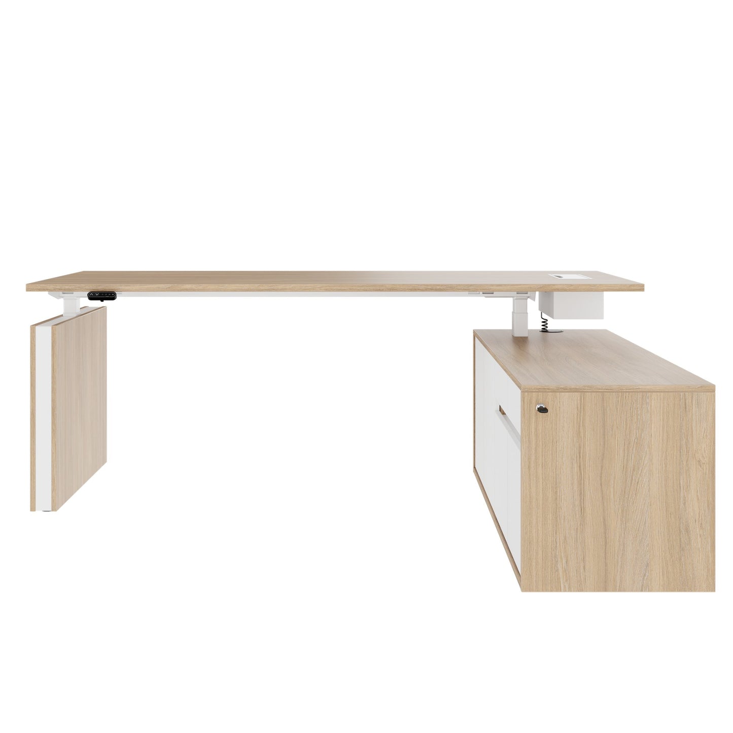 MOTION 2-Motoren-Schreibtisch mit Sideboard | Elektrisch höhenverstellbar, 2000 x 1800 mm, Bernsteineiche