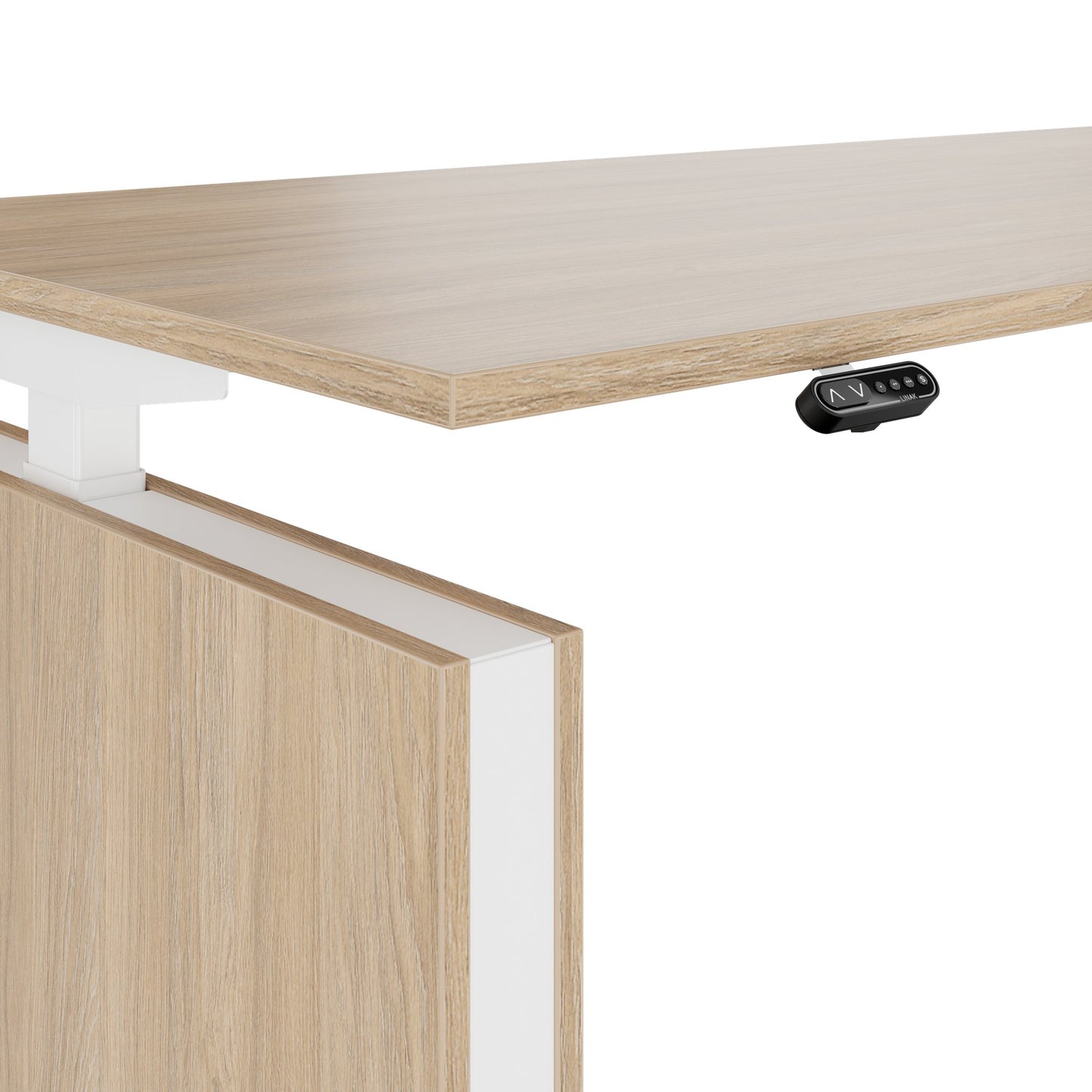MOTION 2-Motoren-Schreibtisch mit Sideboard | Elektrisch höhenverstellbar, 2000 x 1800 mm, Bernsteineiche