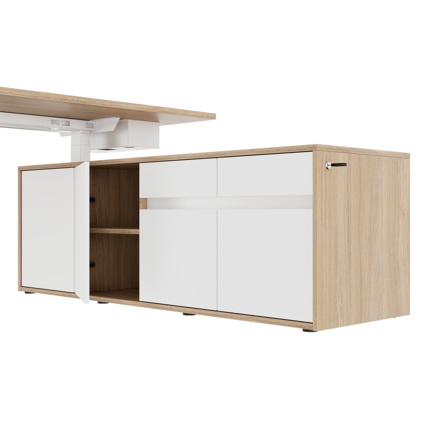 MOTION 2 motor desk with sideboard | Electrically height adjustable, 2000 x 1800 mm, amber oak
