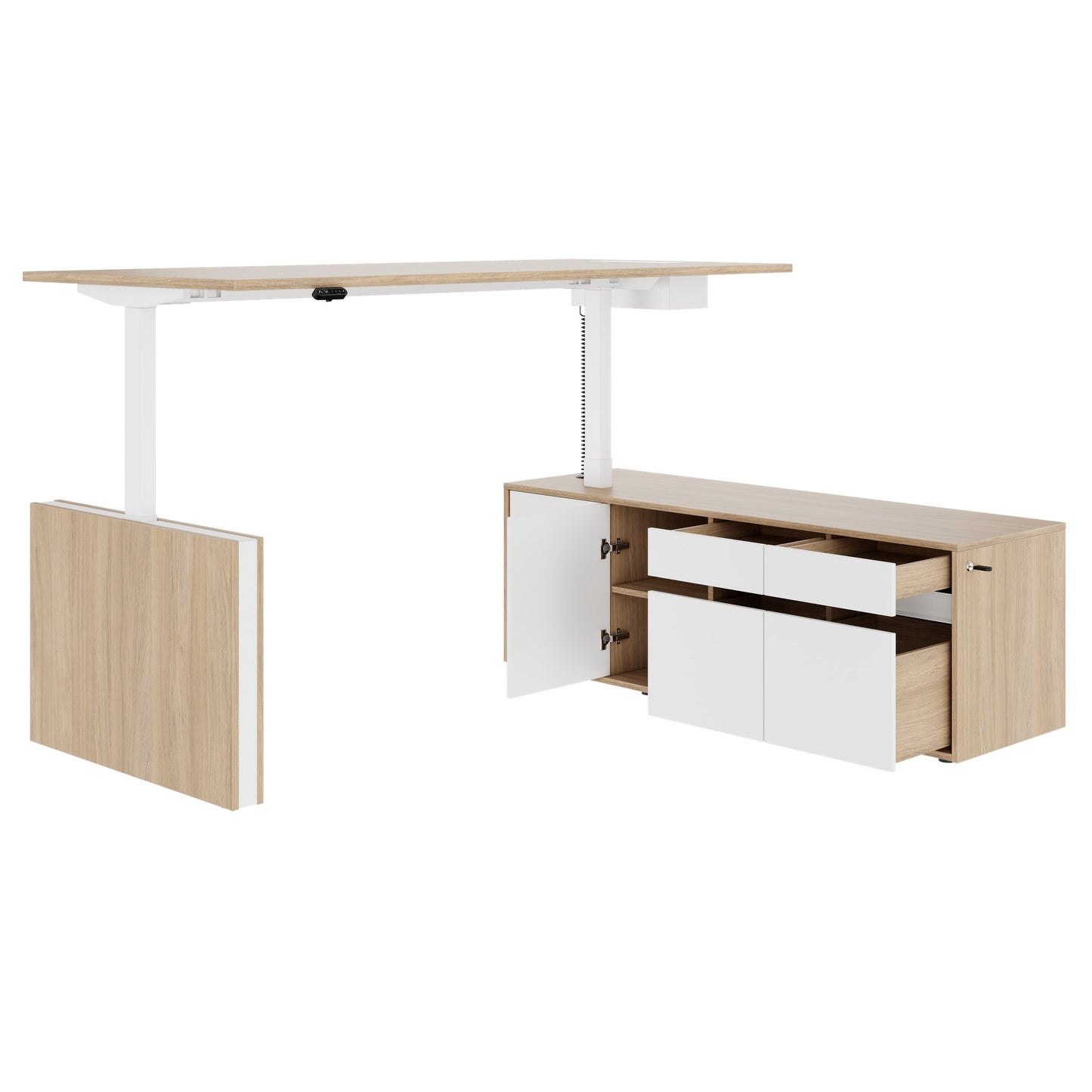 MOTION 2 motor desk with sideboard | Electrically height adjustable, 2000 x 1800 mm, amber oak