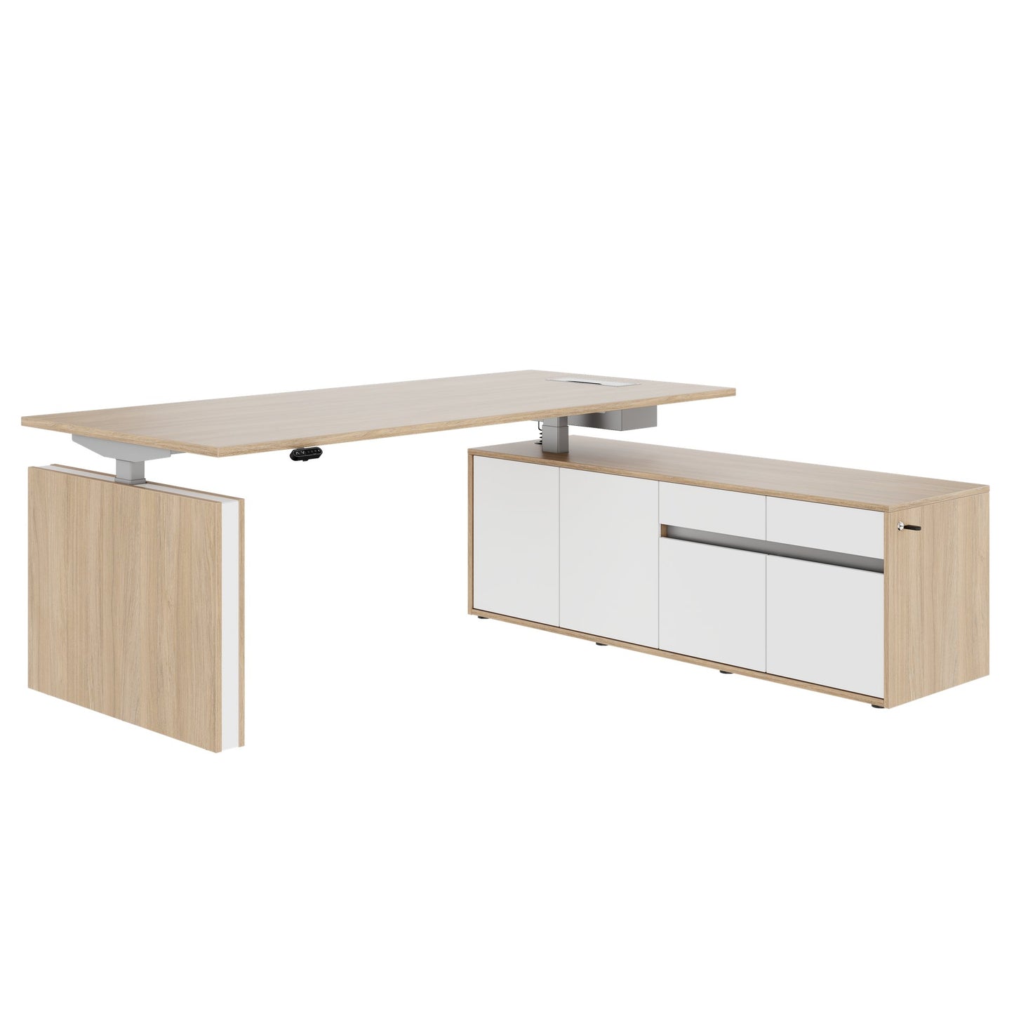 MOTION 2 motor desk with sideboard | Electrically height adjustable, 2000 x 1800 mm, amber oak