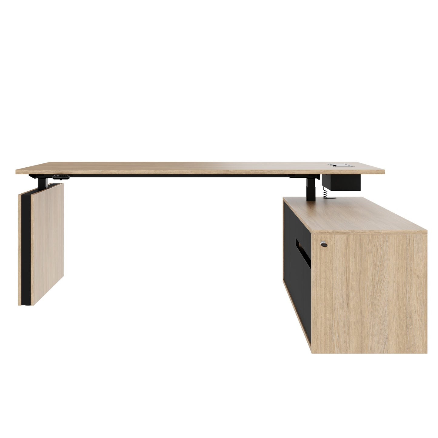 MOTION 2 motor desk with sideboard | Electrically height adjustable, 2000 x 1800 mm, amber oak