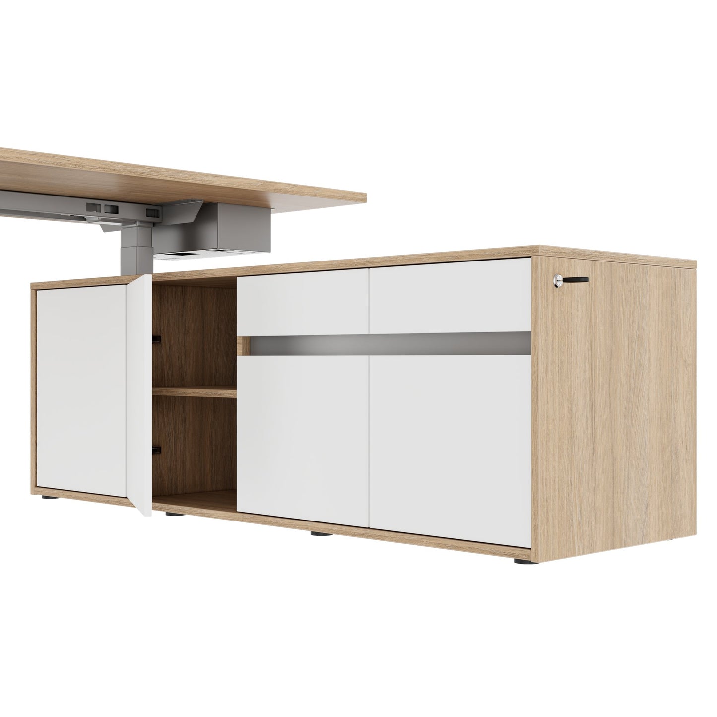 MOTION 2 motor desk with sideboard | Electrically height adjustable, 2000 x 1800 mm, amber oak