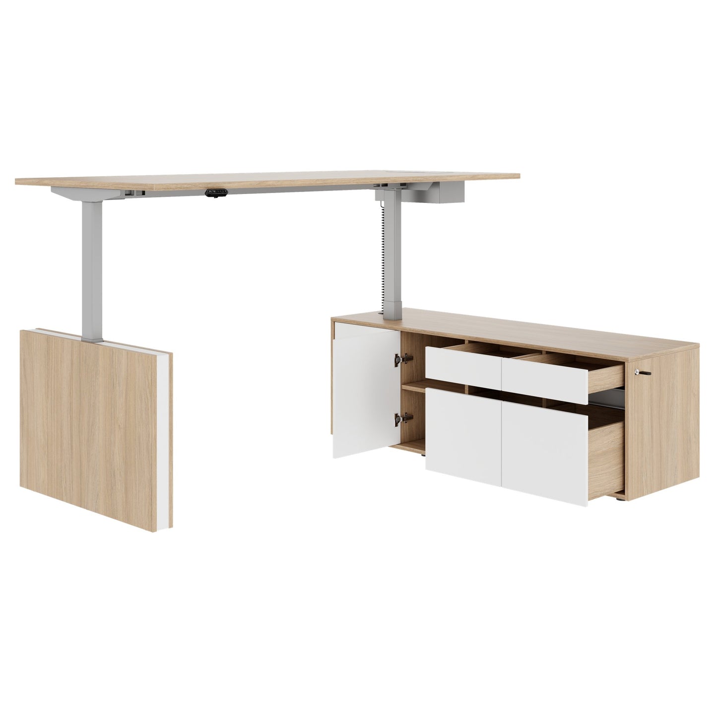 MOTION 2 motor desk with sideboard | Electrically height adjustable, 2000 x 1800 mm, amber oak