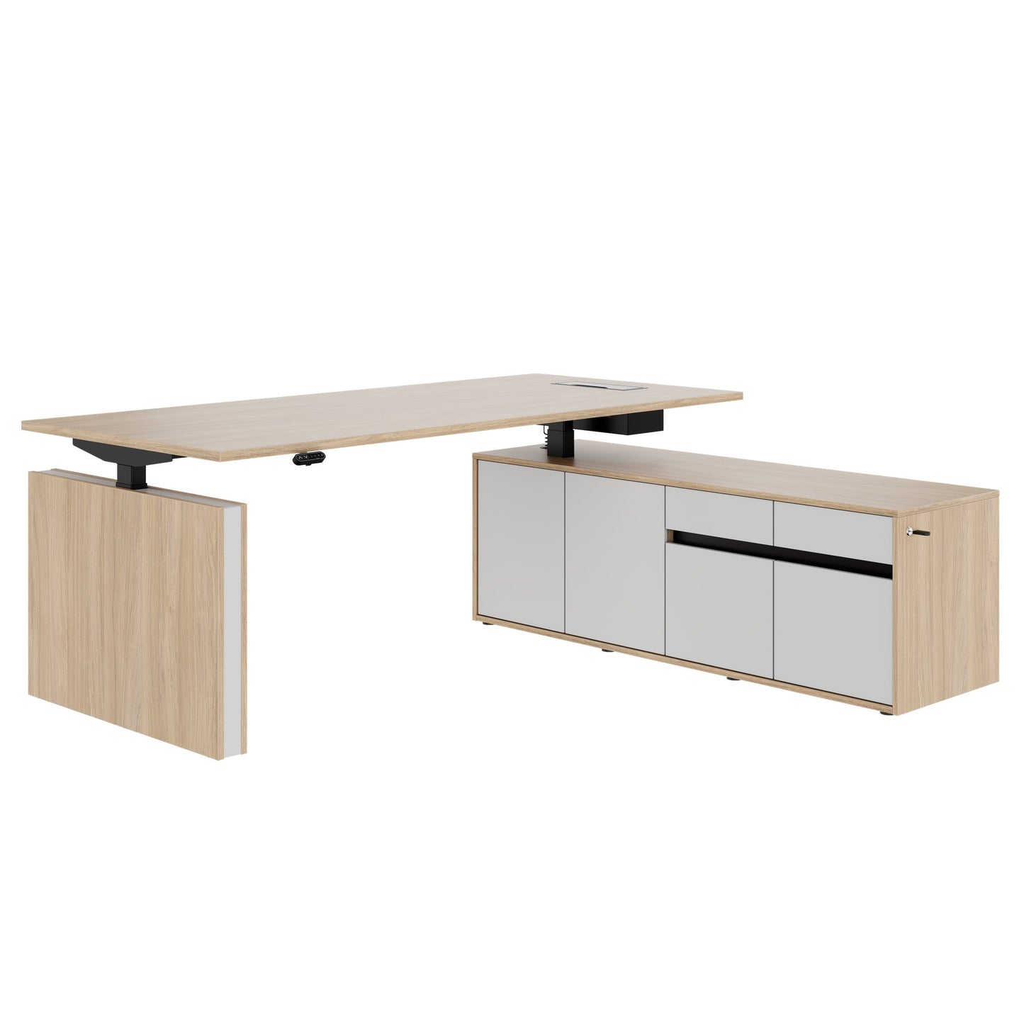 MOTION 2 motor desk with sideboard | Electrically height adjustable, 2000 x 1800 mm, amber oak