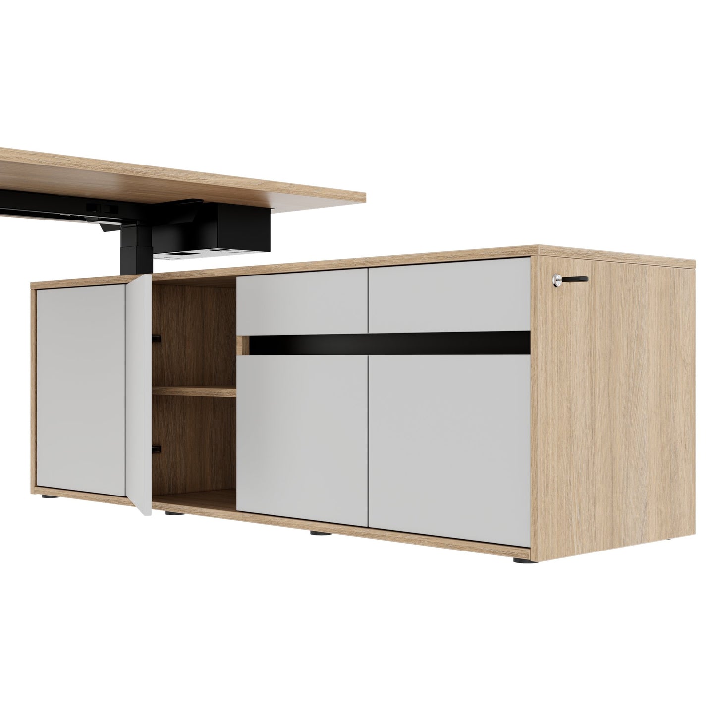 MOTION 2 motor desk with sideboard | Electrically height adjustable, 2000 x 1800 mm, amber oak