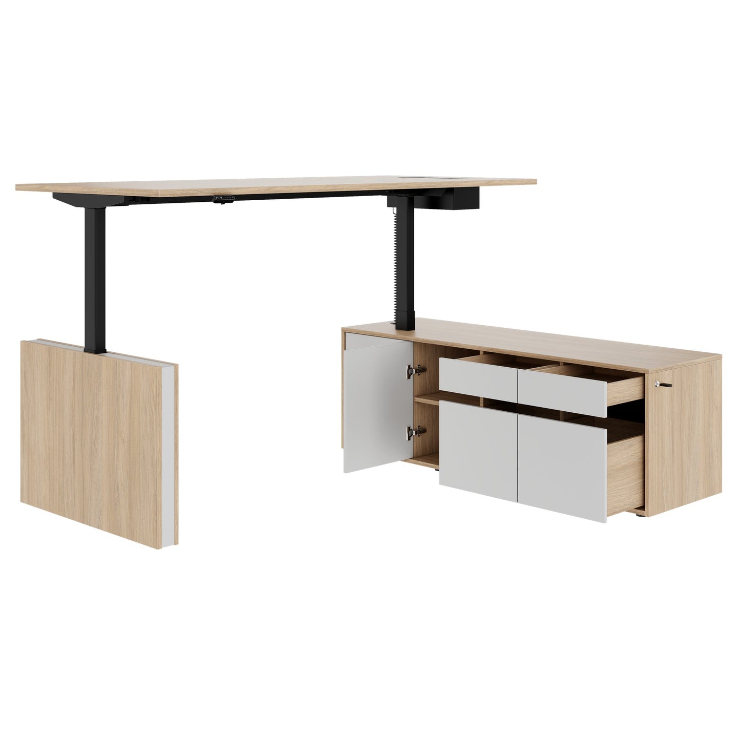 MOTION 2-Motoren-Schreibtisch mit Sideboard | Elektrisch höhenverstellbar, 2000 x 1800 mm, Bernsteineiche