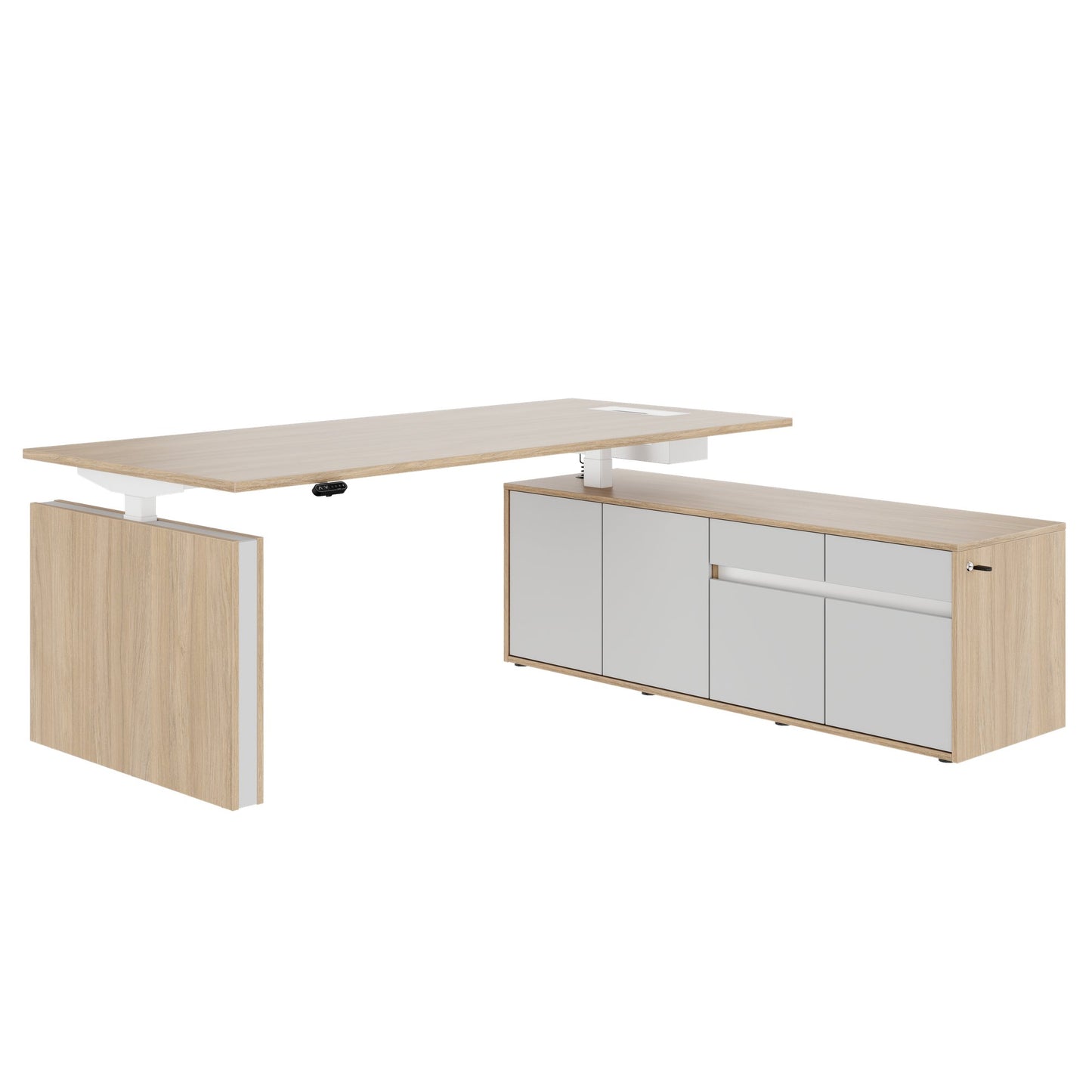 MOTION 2-Motoren-Schreibtisch mit Sideboard | Elektrisch höhenverstellbar, 2000 x 1800 mm, Bernsteineiche
