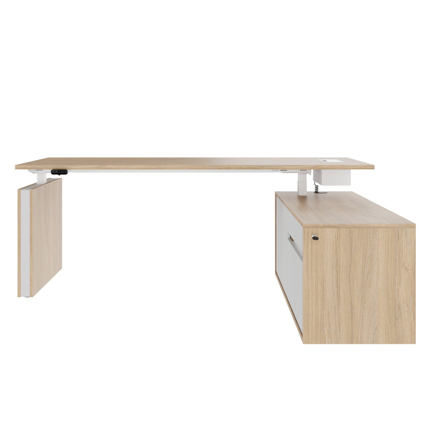 MOTION 2-Motoren-Schreibtisch mit Sideboard | Elektrisch höhenverstellbar, 2000 x 1800 mm, Bernsteineiche