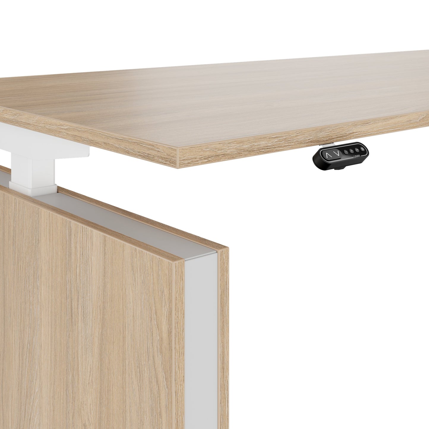 MOTION 2-Motoren-Schreibtisch mit Sideboard | Elektrisch höhenverstellbar, 2000 x 1800 mm, Bernsteineiche
