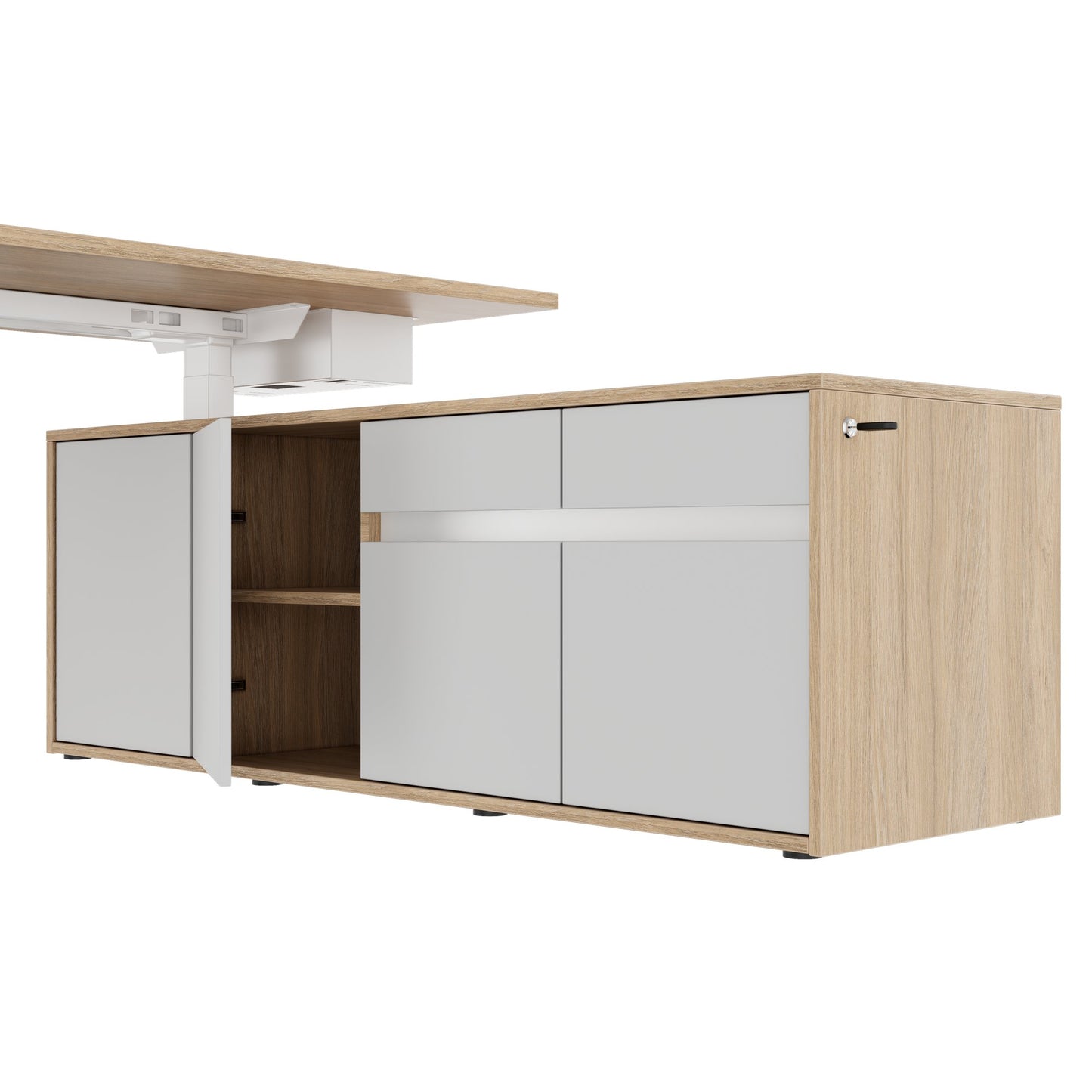 MOTION 2 motor desk with sideboard | Electrically height adjustable, 2000 x 1800 mm, amber oak