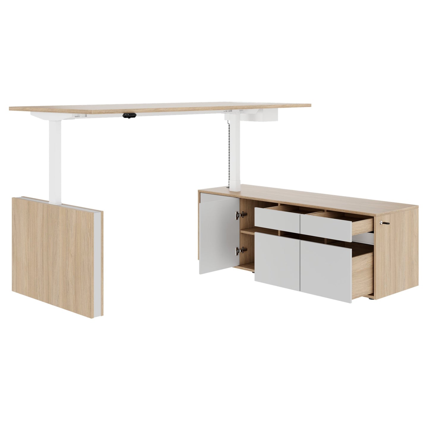 MOTION 2 motor desk with sideboard | Electrically height adjustable, 2000 x 1800 mm, amber oak