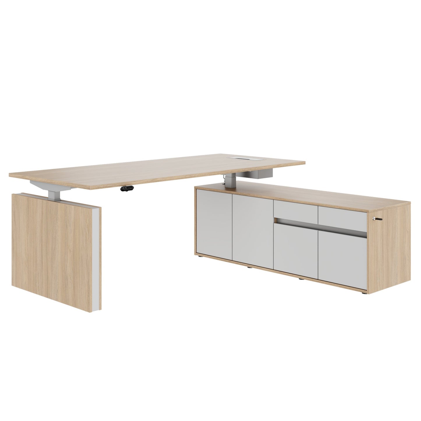 MOTION 2 motor desk with sideboard | Electrically height adjustable, 2000 x 1800 mm, amber oak