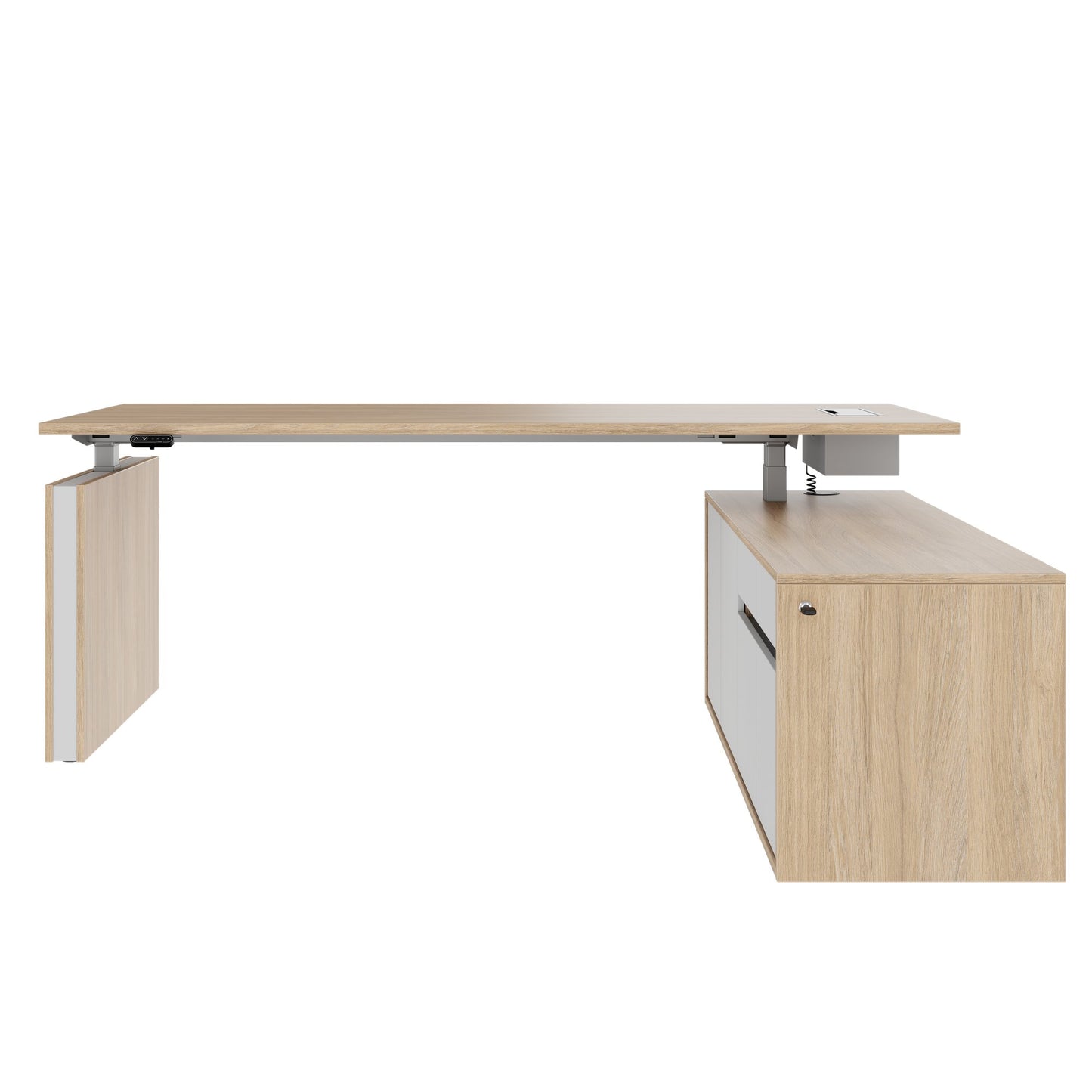 MOTION 2 motor desk with sideboard | Electrically height adjustable, 2000 x 1800 mm, amber oak