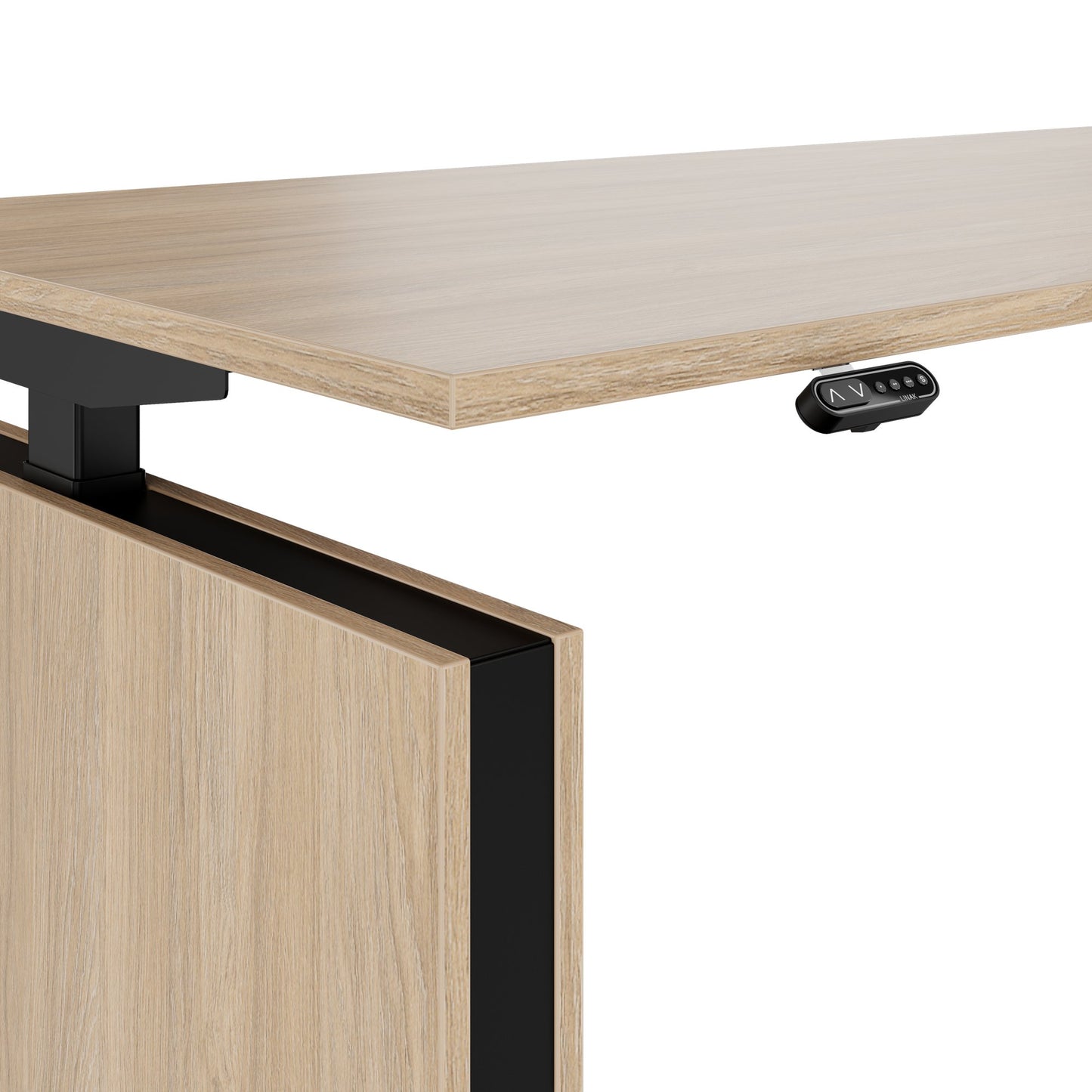 MOTION 2 motor desk with sideboard | Electrically height adjustable, 2000 x 1800 mm, amber oak