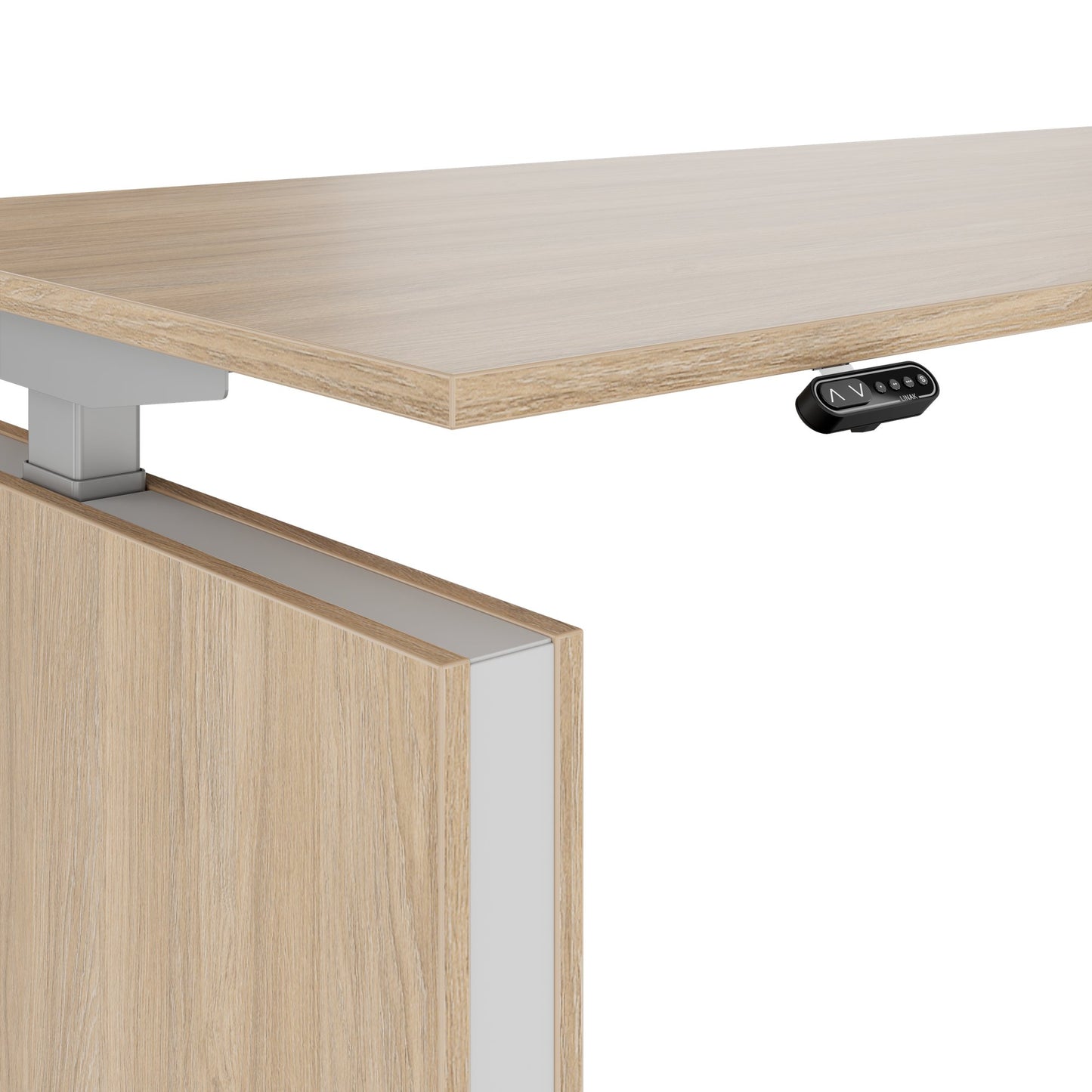 MOTION 2-Motoren-Schreibtisch mit Sideboard | Elektrisch höhenverstellbar, 2000 x 1800 mm, Bernsteineiche