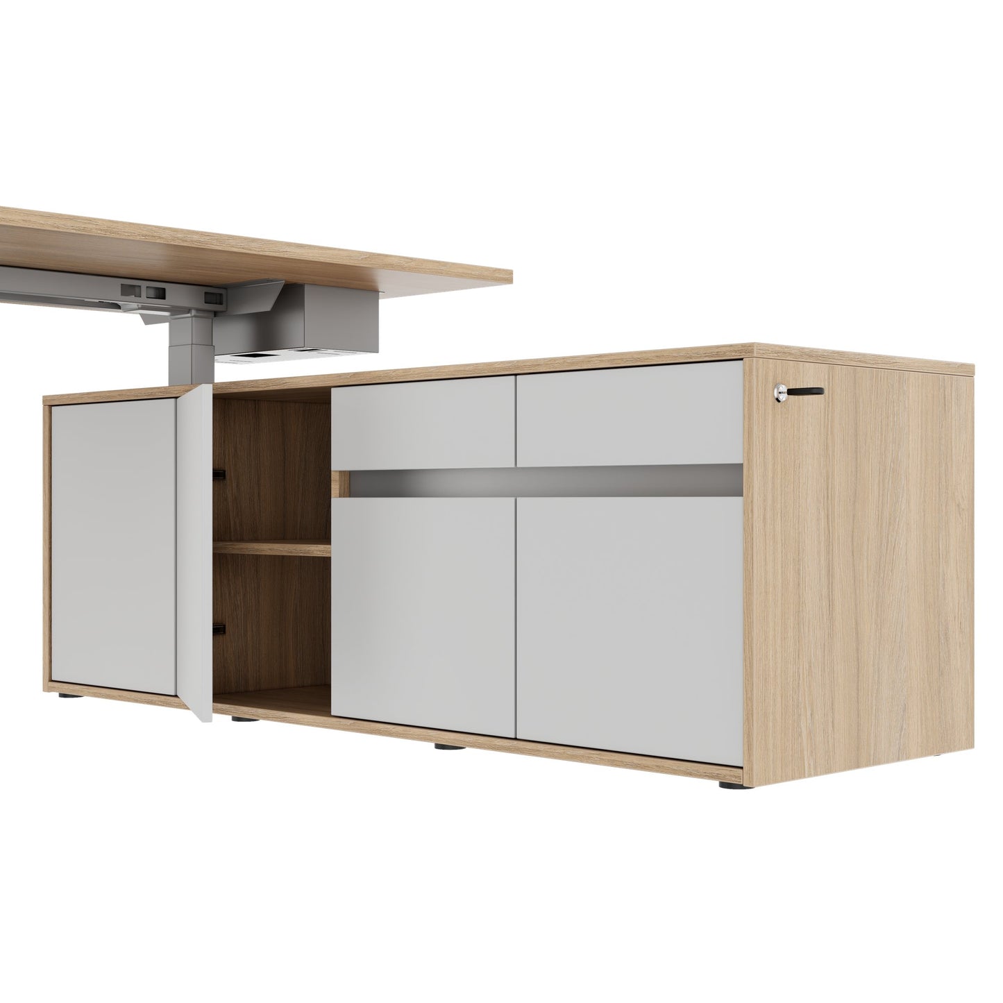 MOTION 2 motor desk with sideboard | Electrically height adjustable, 2000 x 1800 mm, amber oak