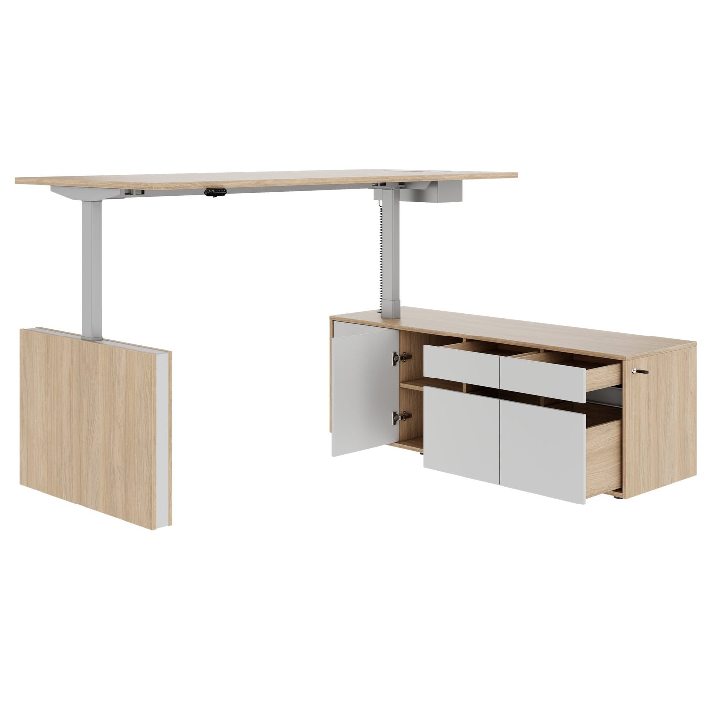 MOTION 2 motor desk with sideboard | Electrically height adjustable, 2000 x 1800 mm, amber oak