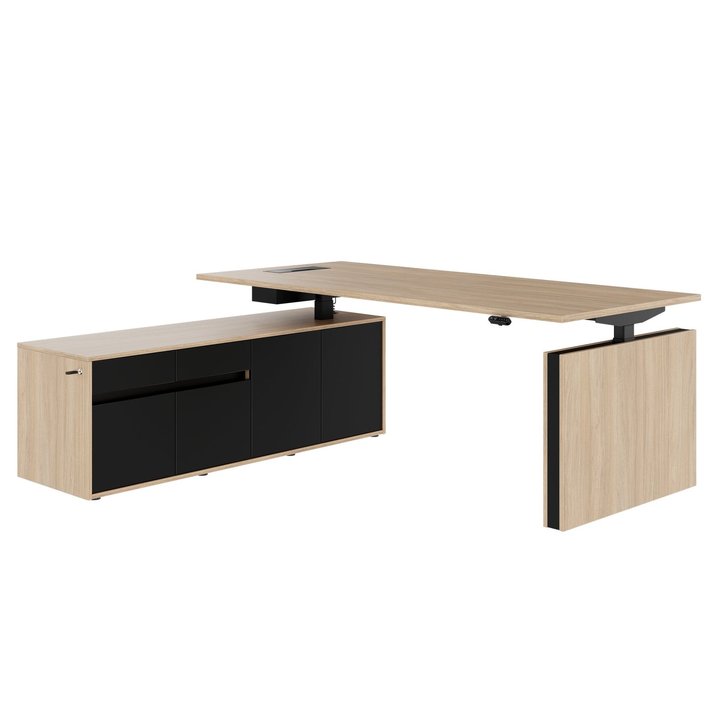 MOTION 2 motor desk with sideboard | Electrically height adjustable, 2000 x 1800 mm, amber oak