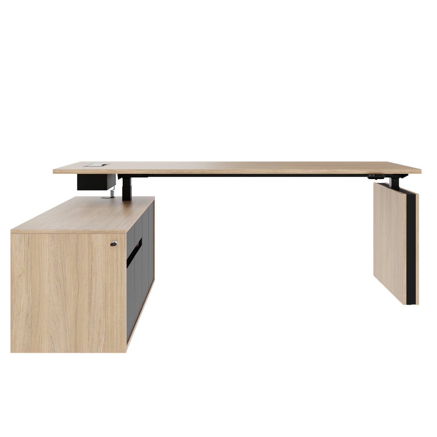 MOTION 2-Motoren-Schreibtisch mit Sideboard | Elektrisch höhenverstellbar, 2000 x 1800 mm, Bernsteineiche