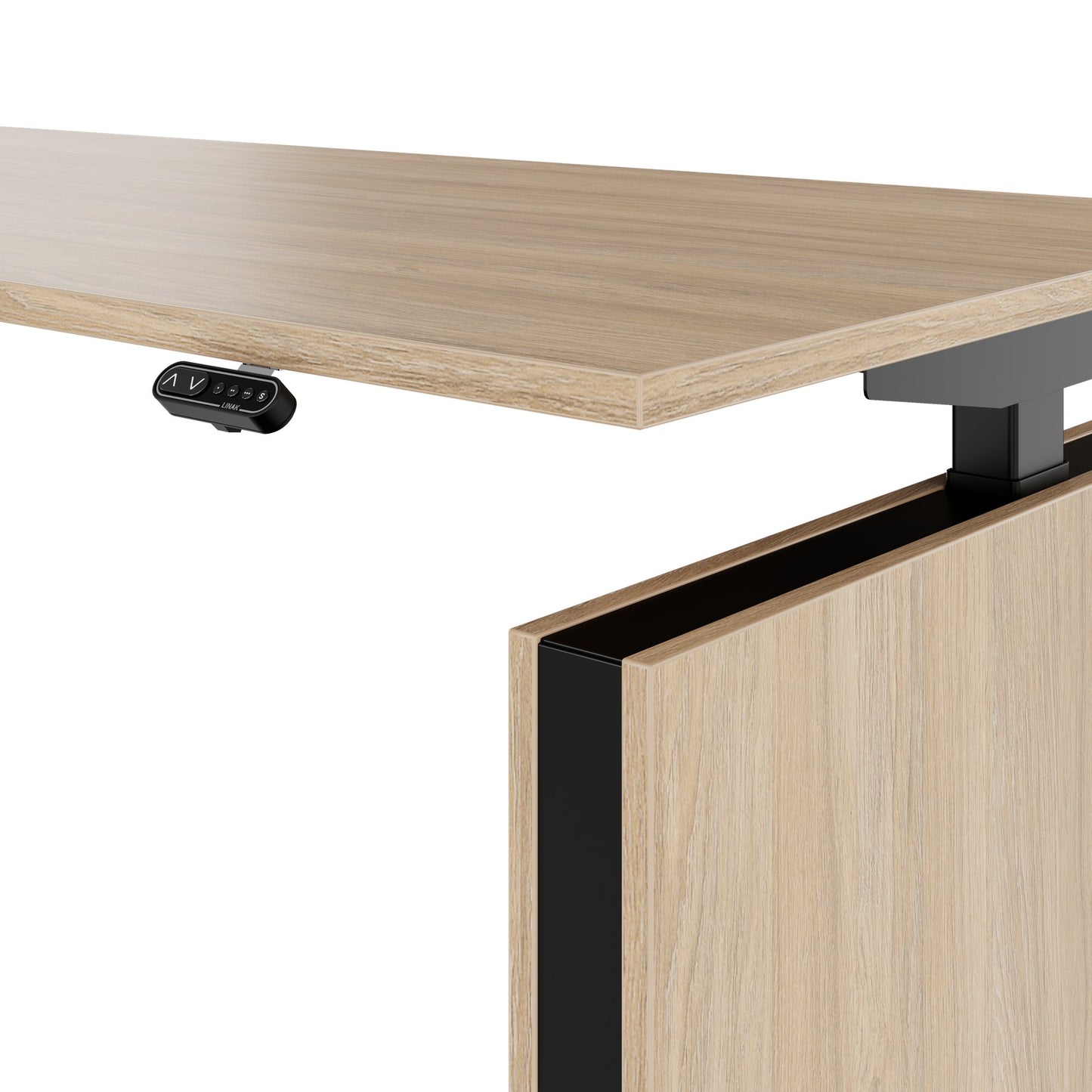 MOTION 2 motor desk with sideboard | Electrically height adjustable, 2000 x 1800 mm, amber oak