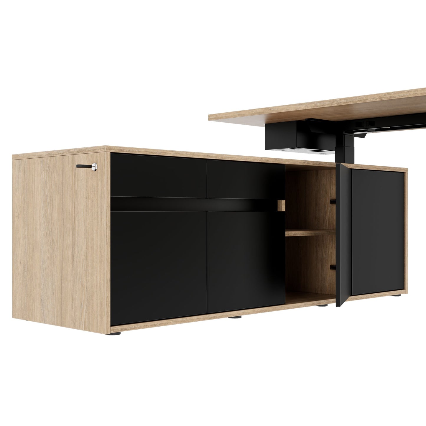 MOTION 2-Motoren-Schreibtisch mit Sideboard | Elektrisch höhenverstellbar, 2000 x 1800 mm, Bernsteineiche