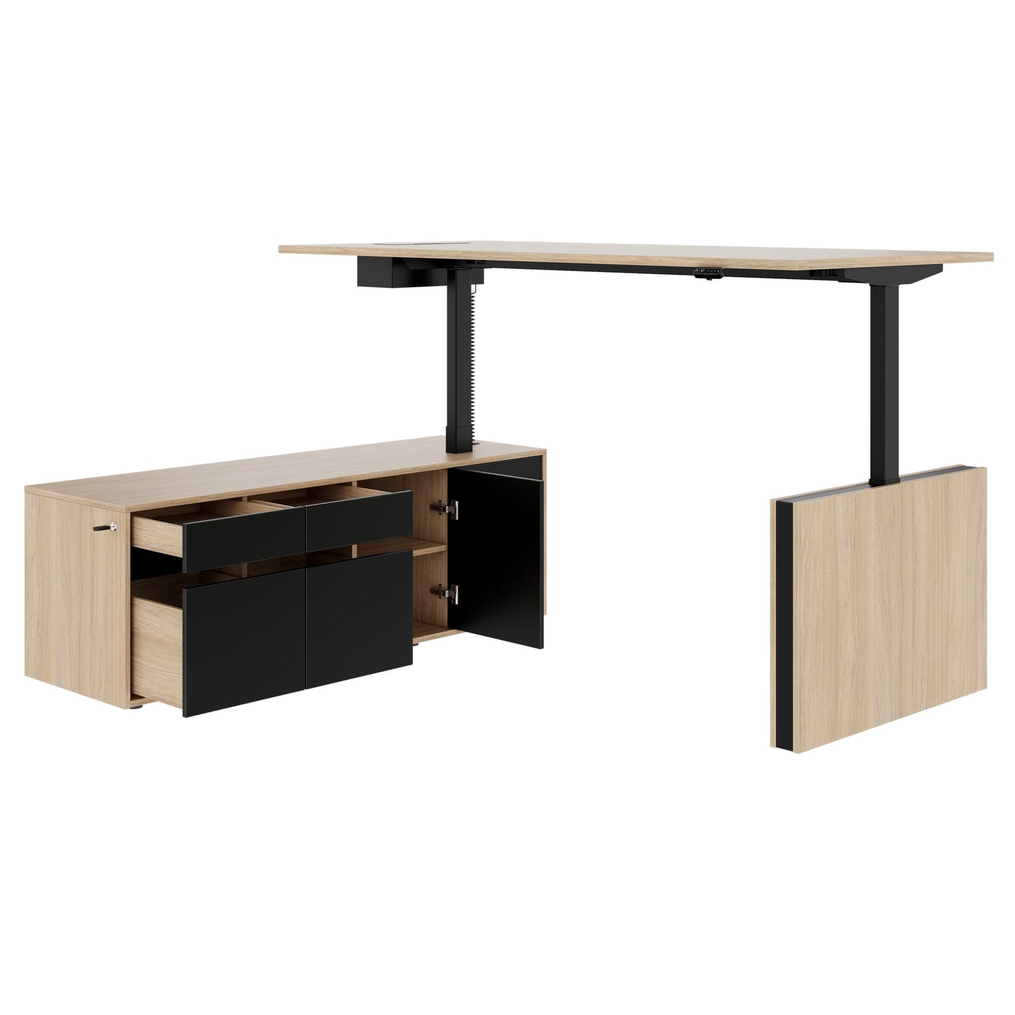 MOTION 2 motor desk with sideboard | Electrically height adjustable, 2000 x 1800 mm, amber oak