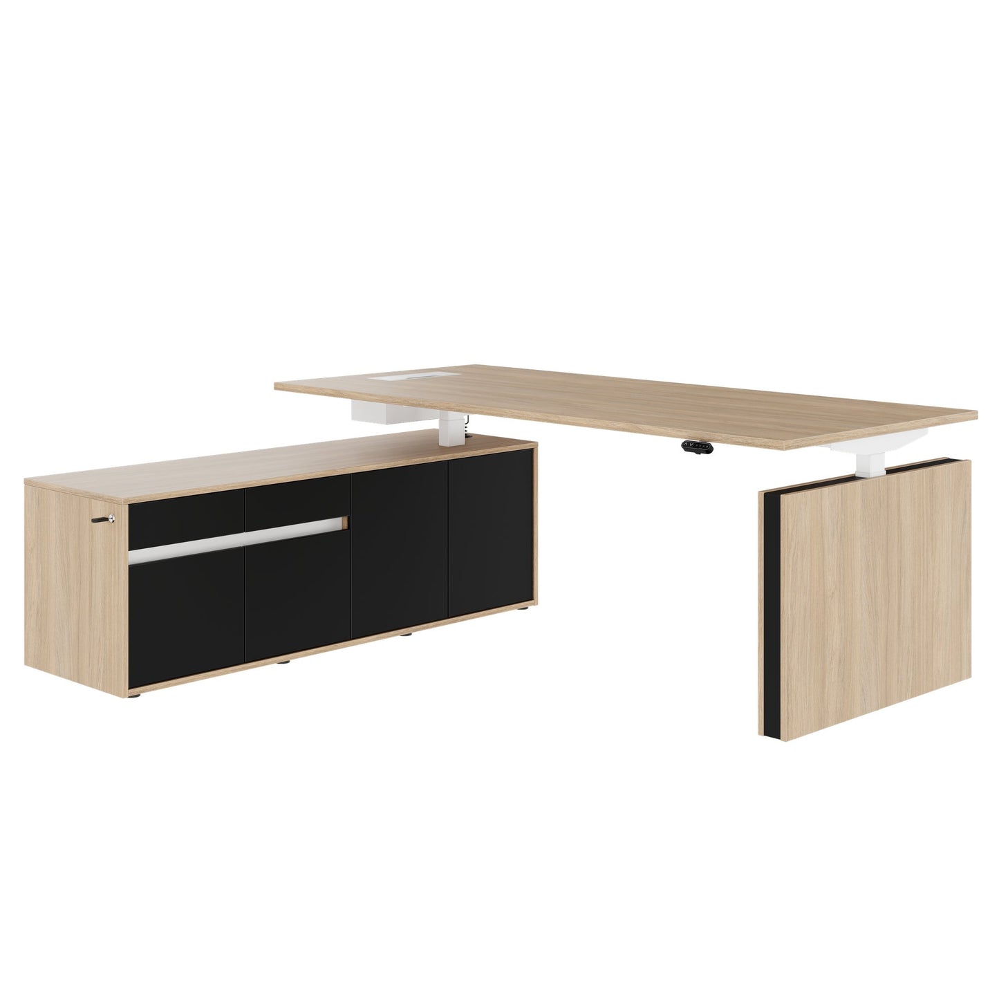 MOTION 2-Motoren-Schreibtisch mit Sideboard | Elektrisch höhenverstellbar, 2000 x 1800 mm, Bernsteineiche