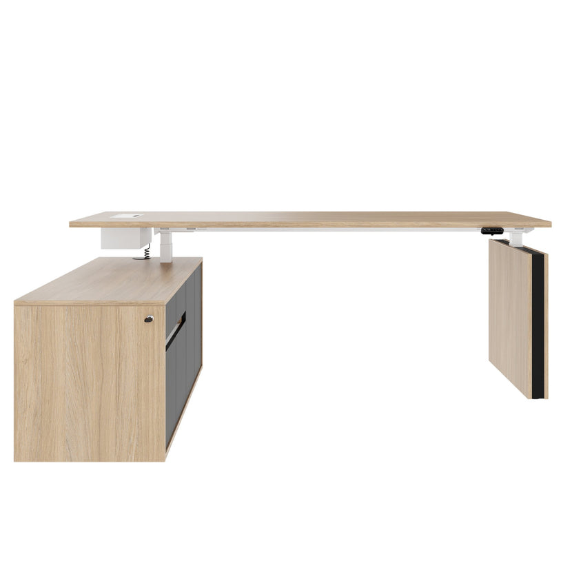 MOTION 2 motor desk with sideboard | Electrically height adjustable, 2000 x 1800 mm, amber oak