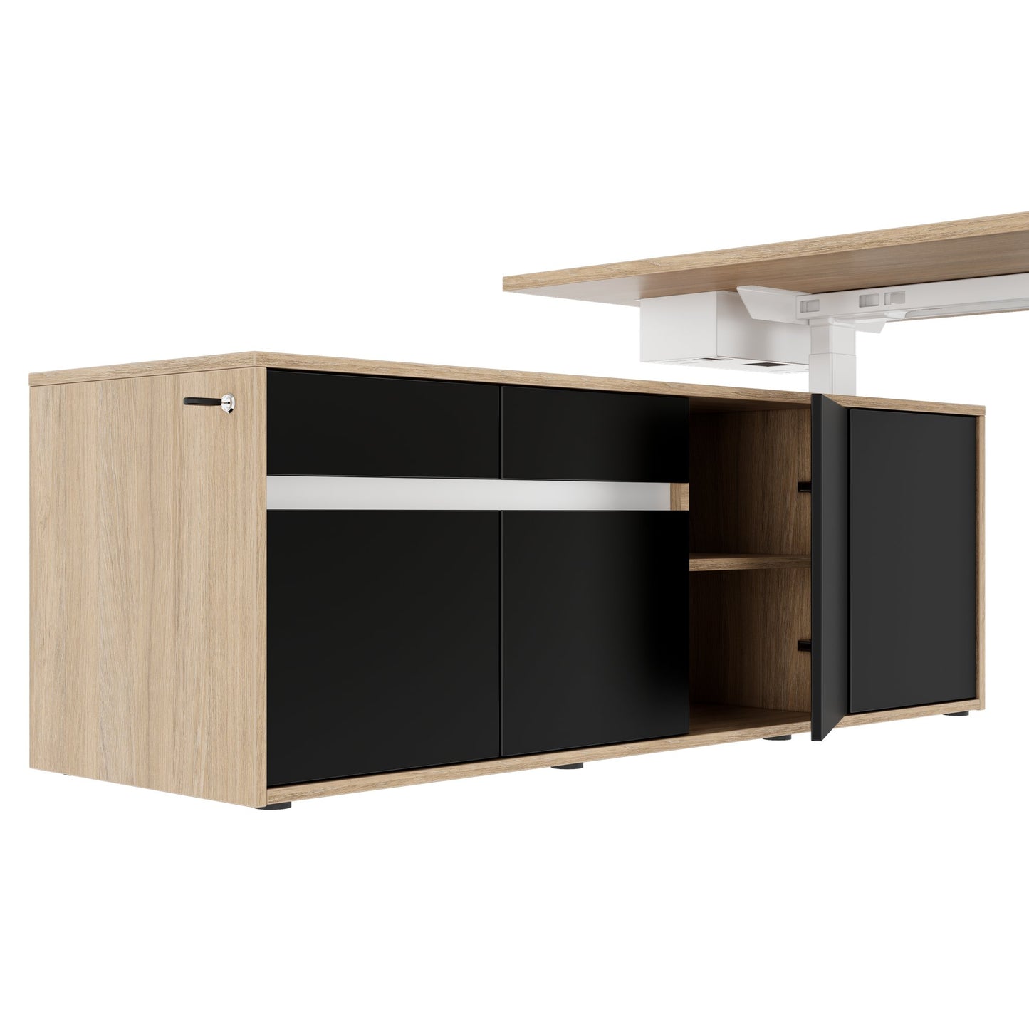 MOTION 2-Motoren-Schreibtisch mit Sideboard | Elektrisch höhenverstellbar, 2000 x 1800 mm, Bernsteineiche