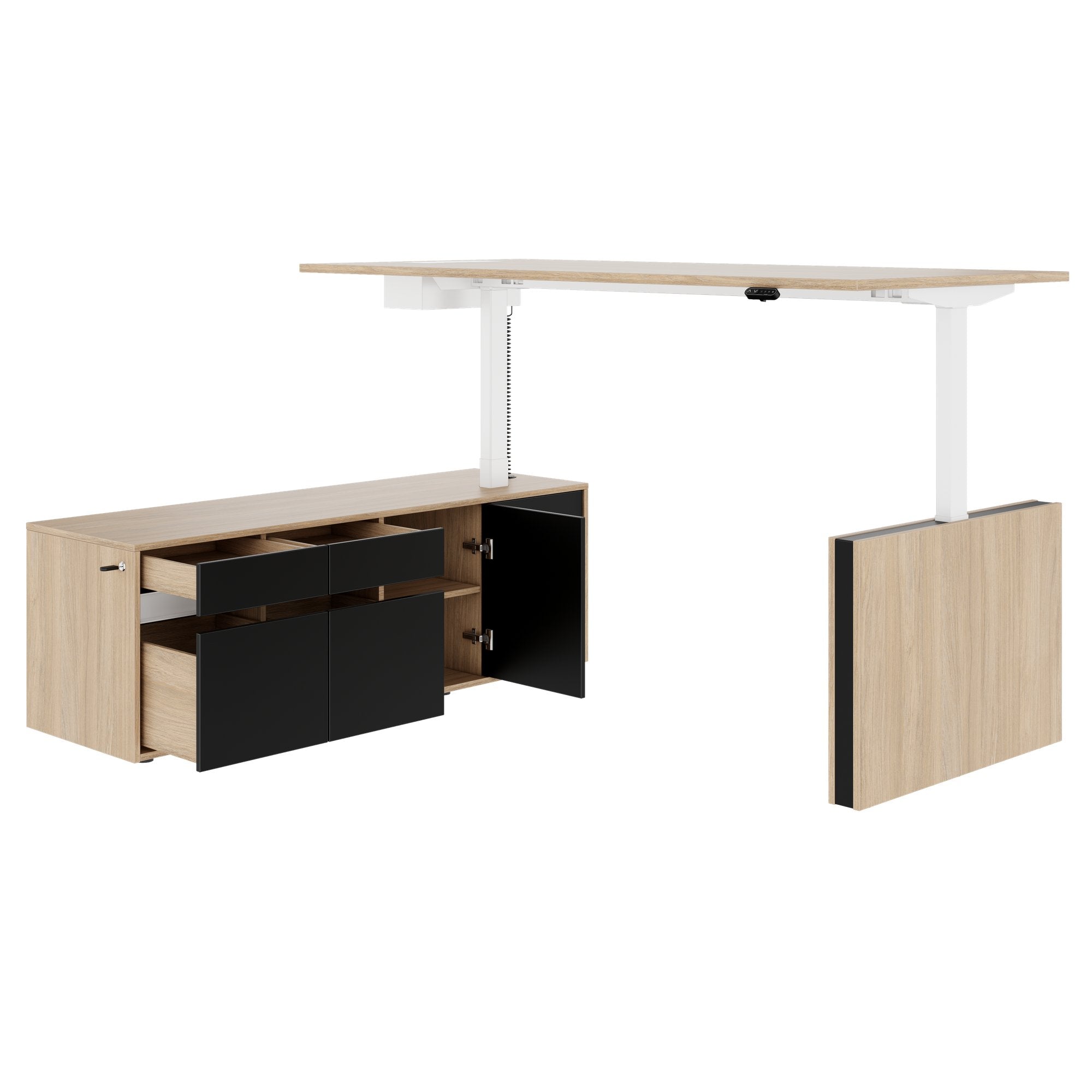 MOTION 2 motor desk with sideboard | Electrically height adjustable, 2000 x 1800 mm, amber oak