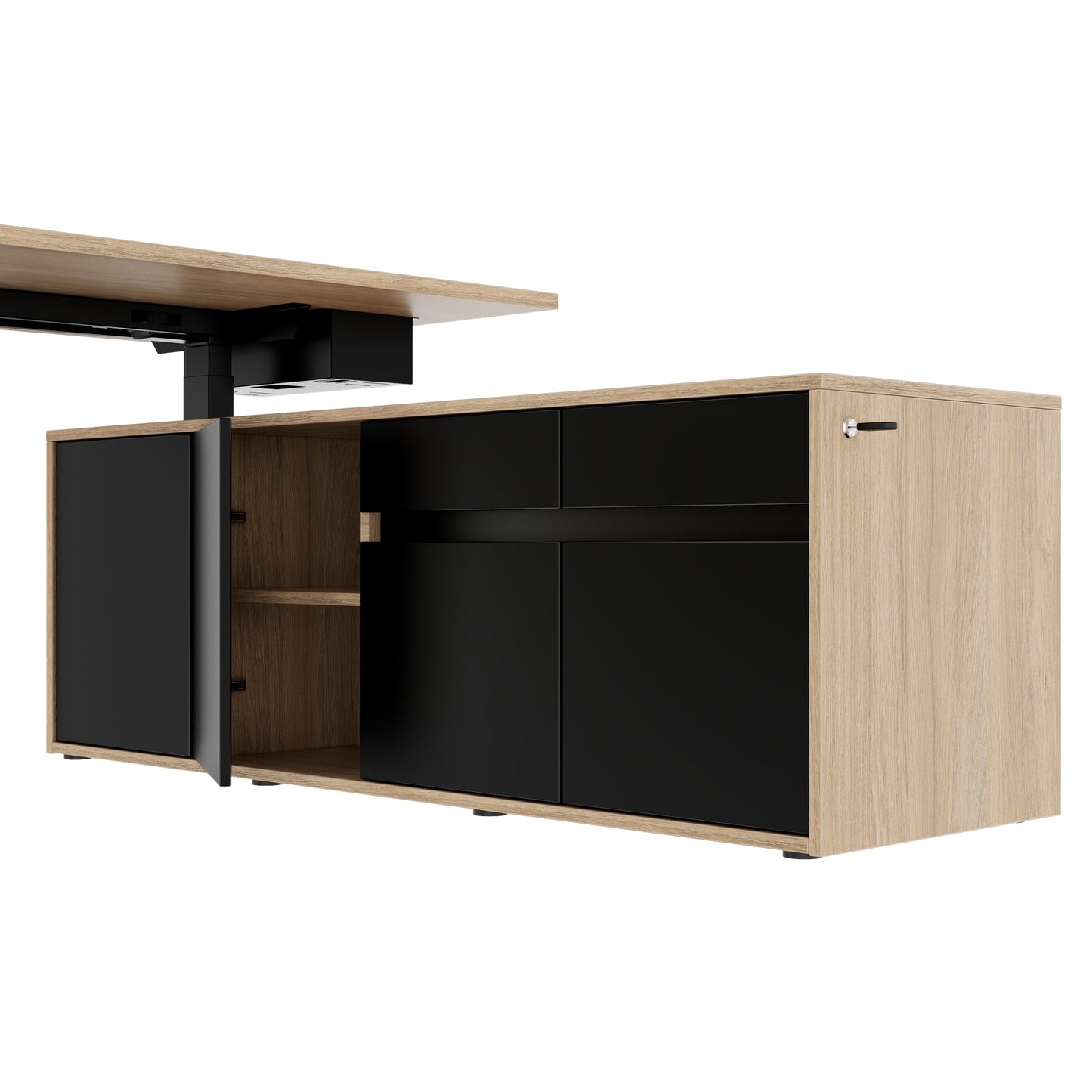 MOTION 2 motor desk with sideboard | Electrically height adjustable, 2000 x 1800 mm, amber oak