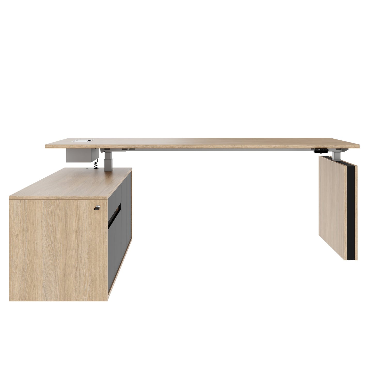 MOTION 2 motor desk with sideboard | Electrically height adjustable, 2000 x 1800 mm, amber oak