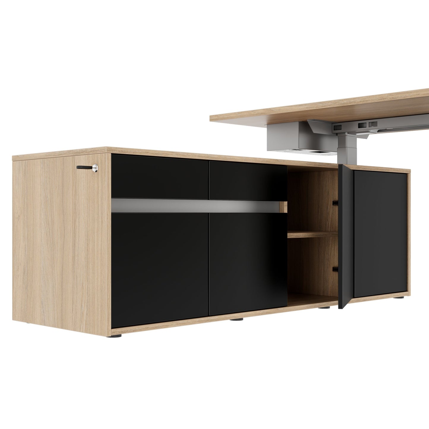 MOTION 2 motor desk with sideboard | Electrically height adjustable, 2000 x 1800 mm, amber oak